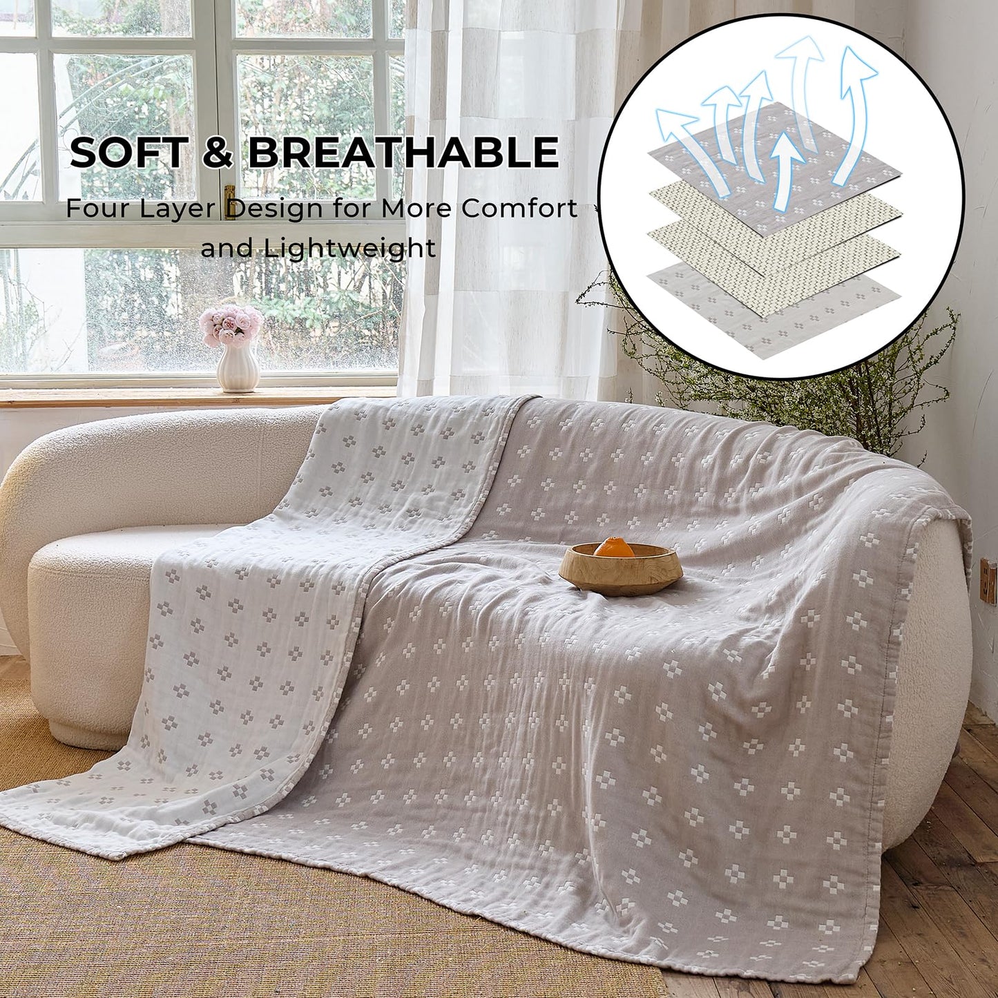 STASOPTK 100% Cotton Muslin Blanket, Soft Reversible 4-Layer Gauze Cotton Quilt,Checkered Blanket for Couch Twin Size Bedspread Room Decor Pinic Blanket, 60"×80", Grey/Off White