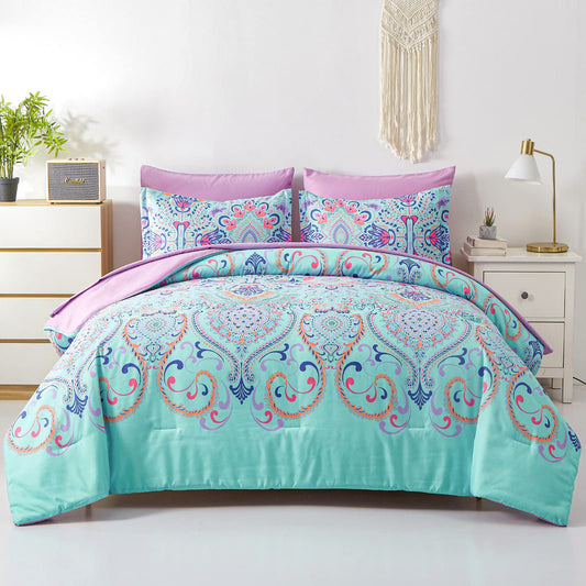 DHSFKBE Queen Comforter Set, 7 Piece Bed in a Bag, Boho Aqua and Lilac Damask Medallion Print Comforter with Sheets, Soft Microfiber Complete Bedding Set for All Season (Aqua, Queen)