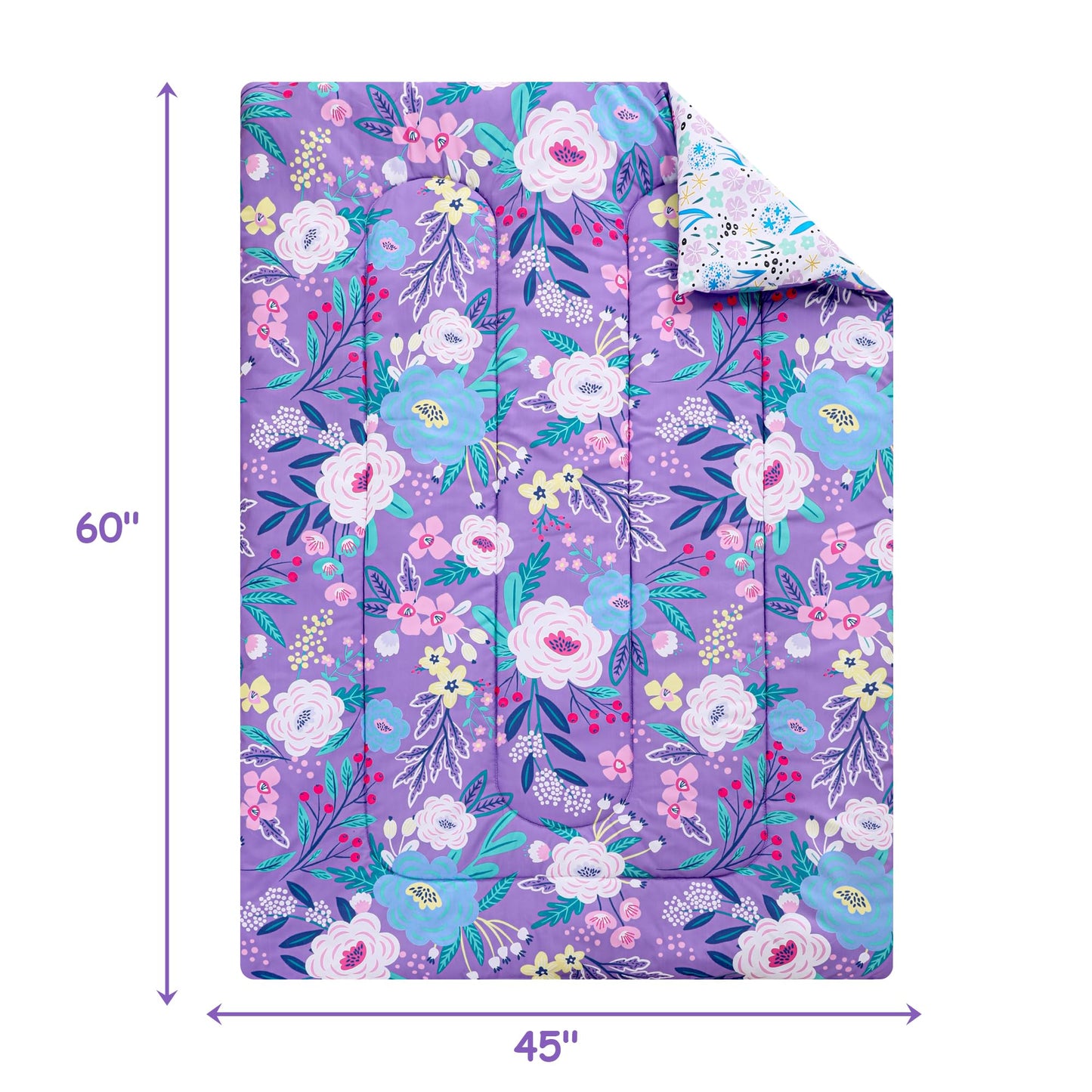 Mooreeke 4 Pieces Toddler Bedding Set - Purple Floral Toddler Comforter Sets for Girls, Includes Comforter, Flat Sheet, Fitted Sheet and Pillowcase, Bed in A Bag for Baby Bedroom