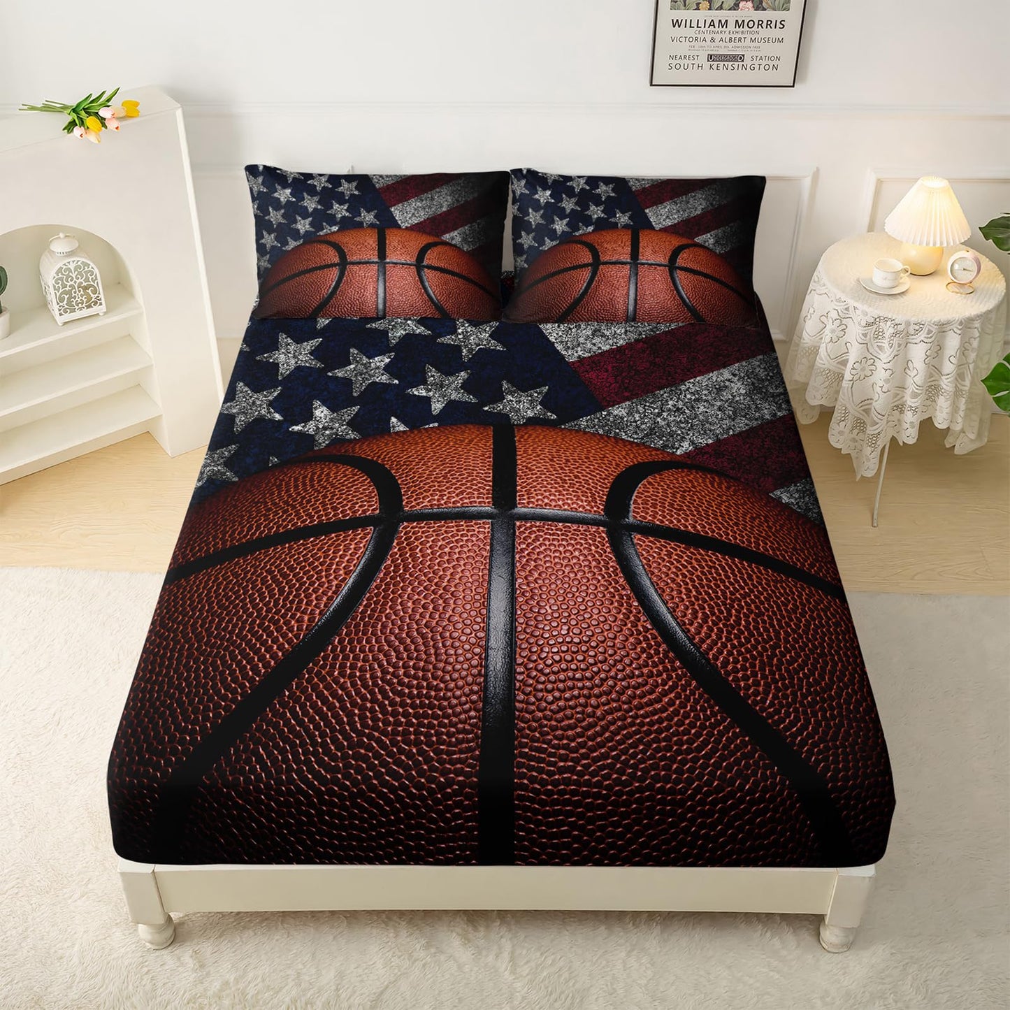 QOOMO Basketball Sheet Set,American Flag Kids Bed Sheets,Sports 16" Deep Pocket Bed Sheet Set for Boys/Girls/Kids/Teens，4 Piece Sheet Set, 1 Fitted Sheet,1 Flat Sheet and 2 Pillowcases，Twin Size