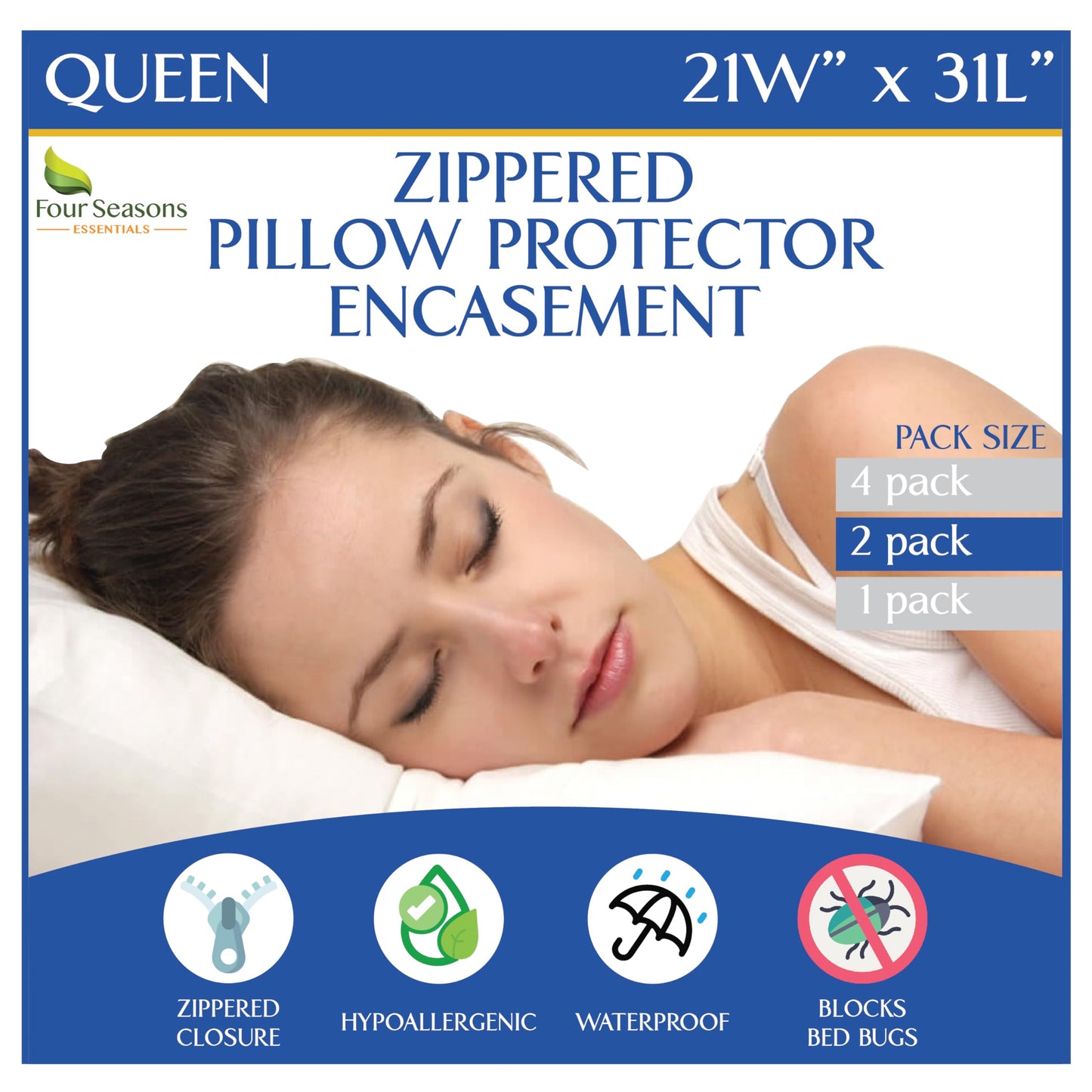 Queen Size Waterproof Pillow Protectors (Set of 2) – Zippered Hypoallergenic Pillowcase Cover Allergen Dust Proof Encasement