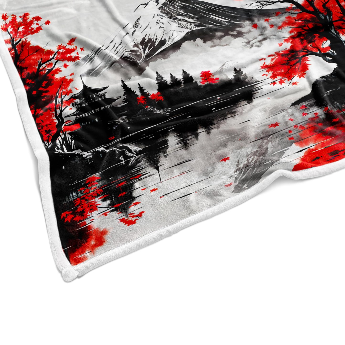 DYNH Japanese Mount Fuji Red Maple Leaf Red Sun Lake Reflection Torii Gate Ink Painting Style Throw Blanket, Cozy Fleece Blanket for Couch Bed Sofa, Asian Decor Gift for Bedroom Living Room,50X60
