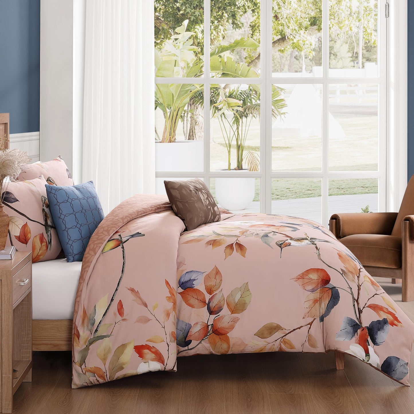 Bebejan Peachy Dogwood 5 Piece Comforter Set, 100% Cotton Sateen, 220 Thread Count, Pink Reversible Bedding Comforter Set, 1 Comforter, 2 Shams & 2 Pillows (King/Cal King)
