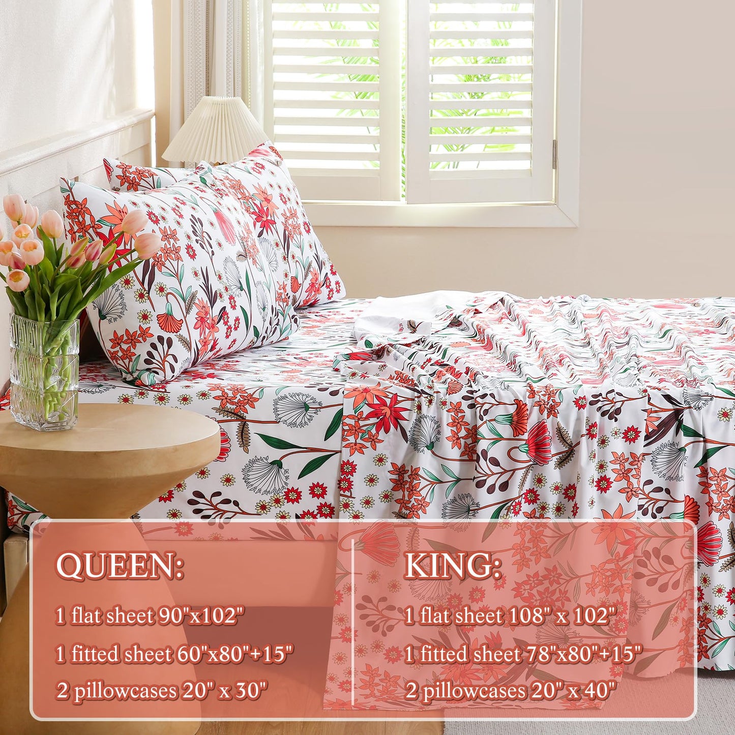 CIMVI Fashion Flower Sheet Set Queen Size 4 Pieces Floral Bedding and Pillowcases 15 inch Deep Pocket Fitted Sheets Soft Breathable Bed Sets Woman Adults Decor Bedroom