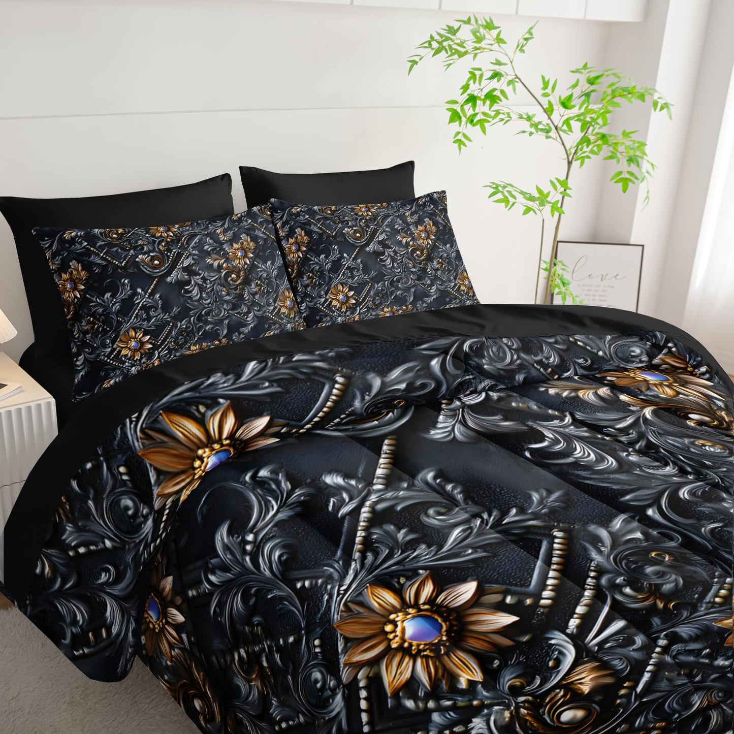lneffble 7 Piece Black and Gold Baroque Comforter Set Queen，Baroque Queen Bedding，(1 Comforter, 1 Flat Sheet, 1 Fitted Sheet, 2 Pillowcase and 2 Pillow Sham)，Baroque Gothic Bedroom Decor