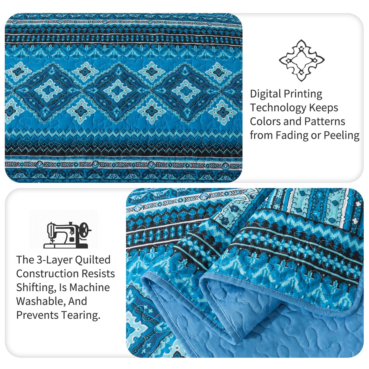 TWINRUN Cotton Quilts Queen Size, 3 Pieces Queen Quilt Bedding Set (90 x 98 Inch), Lightweight Boho Quilts Queen Size for Bed, Blue Stripes Bedspreads for All Seasons, Machine Wash
