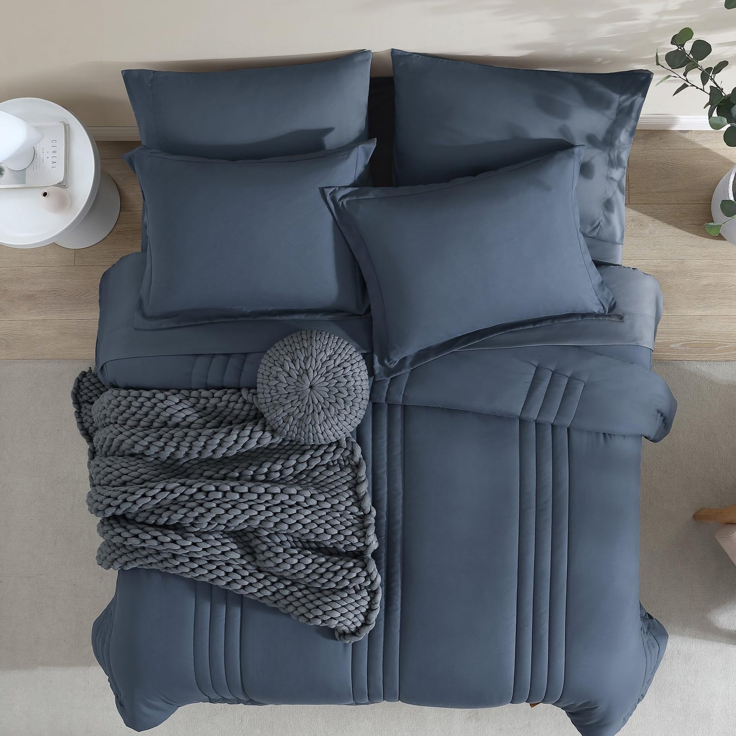 Monbix Queen Comforter Set - 7 Pieces Blue Gray Bed in a Bag Queen Bedding Sets with Comforters, All Seasons Comforter Bed Set with Sheets,Pillowcases & Shams
