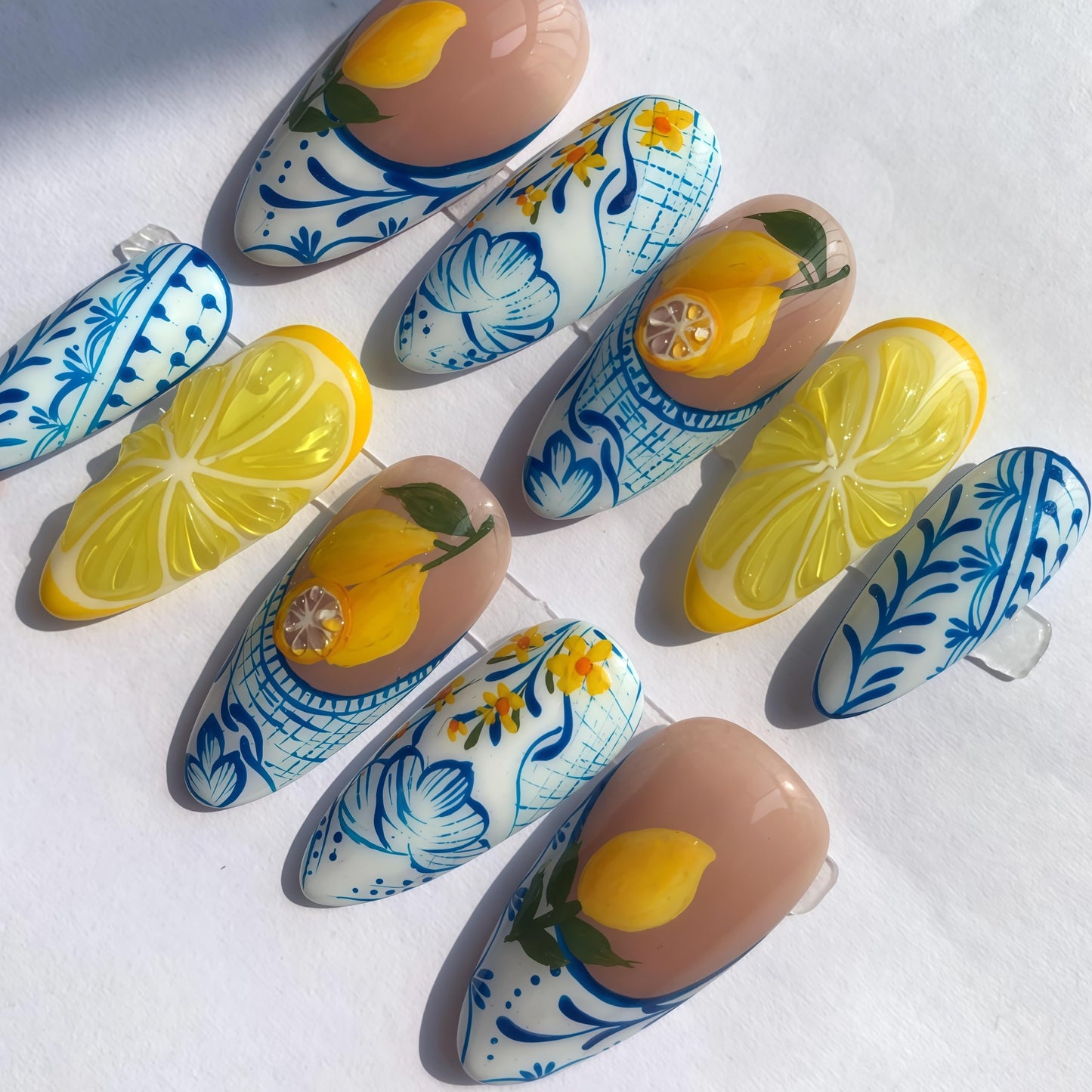 Handcrafted Press On Nails Italian Vacation Style Lemon & Blue Ceramic Pattern 100% Handmade Realistic Artistic Fake Nails With Adhesive Glue Tabs And Tool Gifts For Women (Lemon,Medium M)
