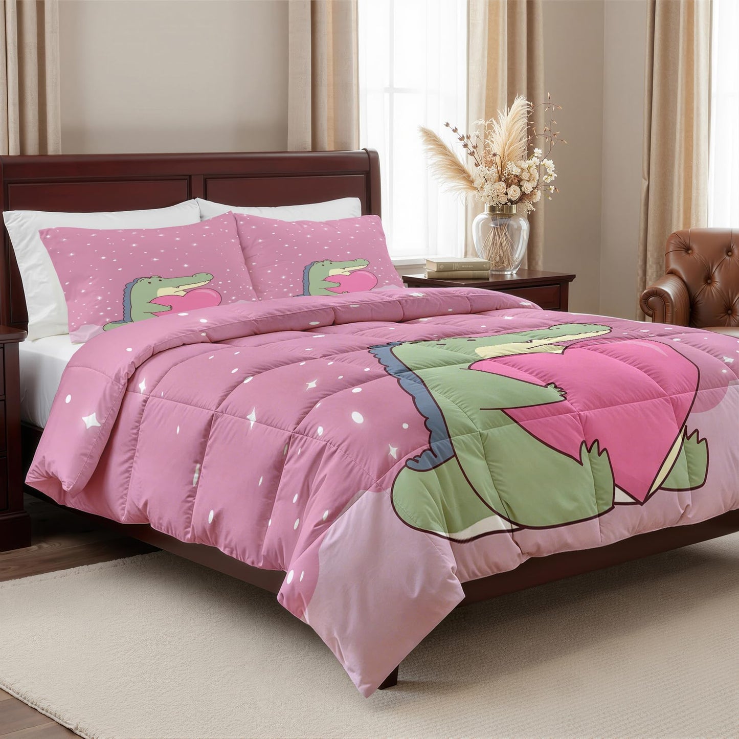 Alligator Comforter Set Twin Size 2 Pcs - All Season Comforter & Pillowcase, Crocodile Bedding Set, Soft Lightweight Down Alternative Duvet Insert, Girls Pink Valentines Day Bedroom Decor