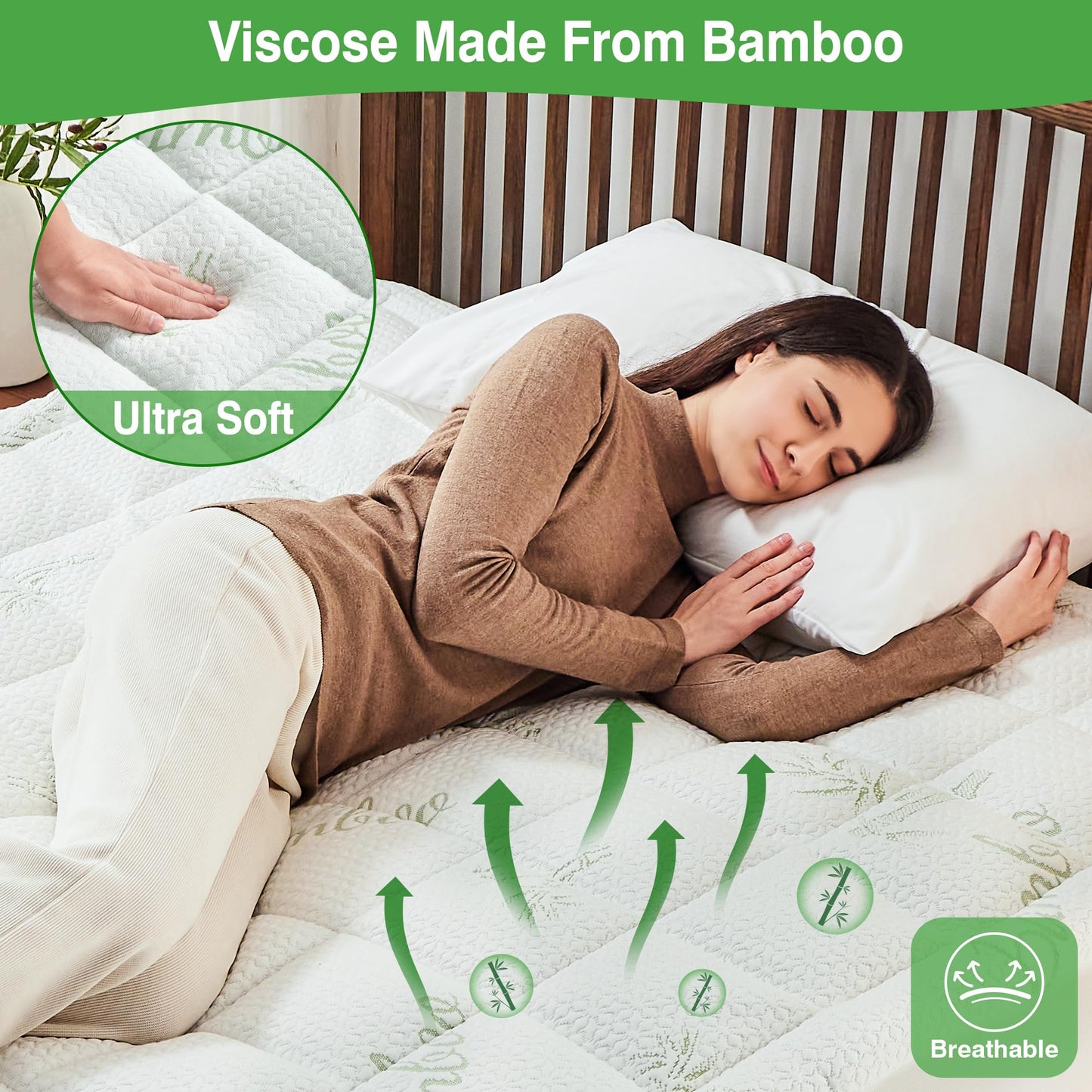 KUTUU Queen Mattress Pad Cover, Viscose Made from Bamboo Pillow Top Cooling Mattress Topper for Queen Size Bed, 6-21 inches Deep Pocket, 60x80 inches