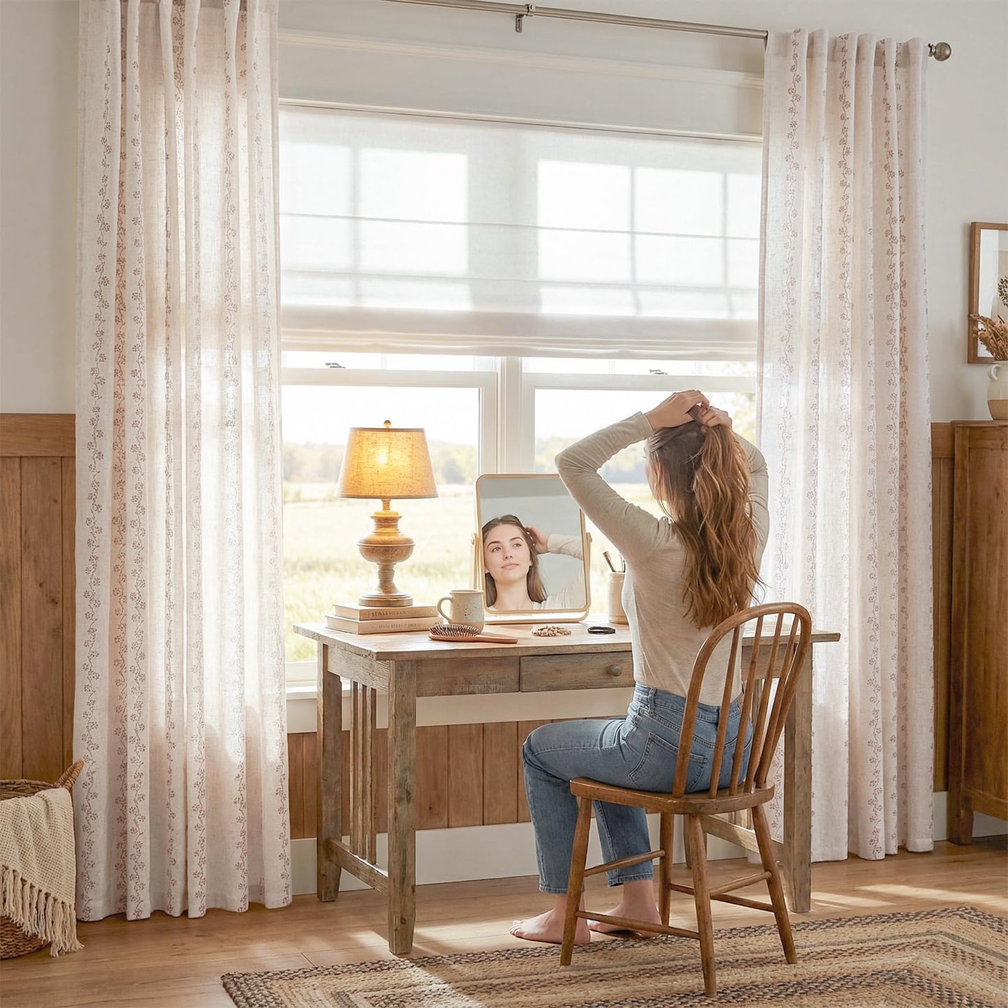 Lazzzy Cathy Linen Floral Curtains for Living Room Terracotta Curtains for Bedroom Farmhouse Drapes 84 Inches Length 2 Panels Back Tab W50 x L84 Terracotta on Linen
