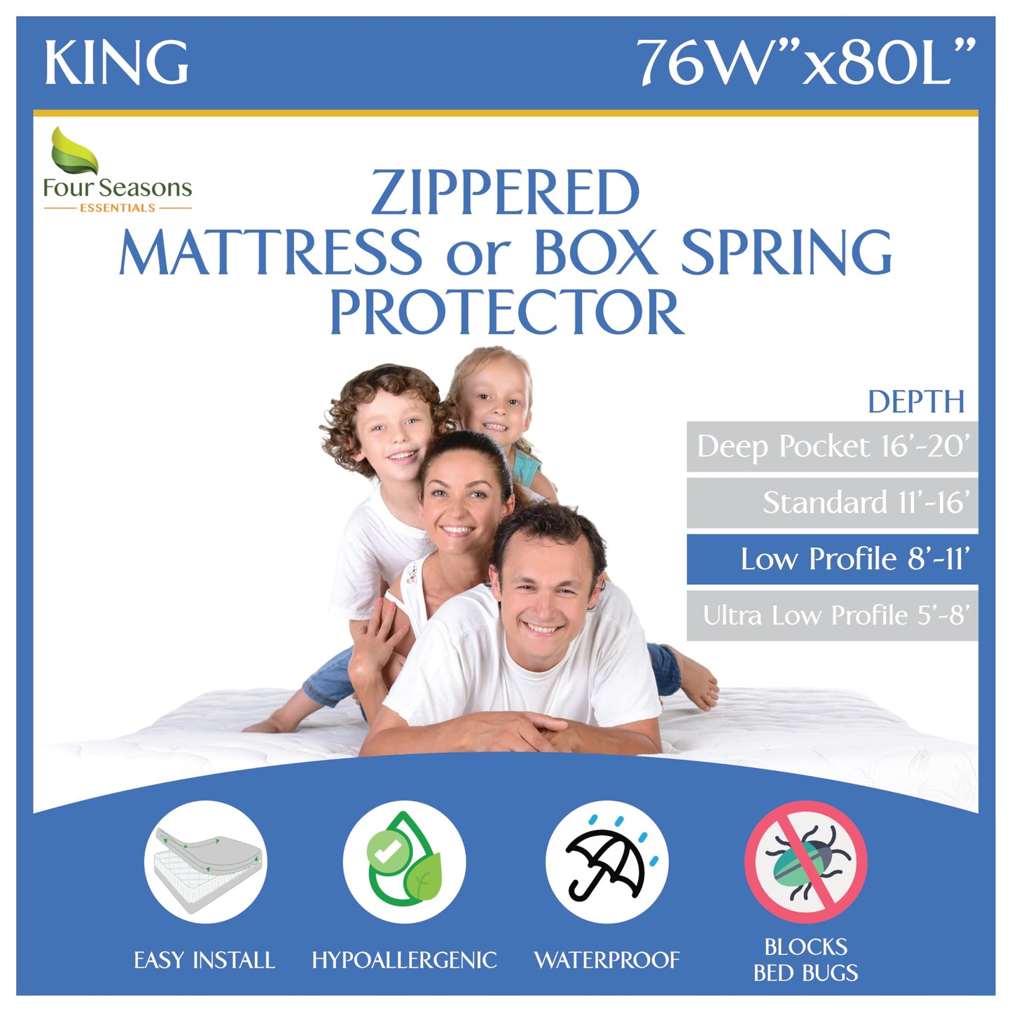 King Zippered Mattress Protector (8"-11" Depth) Waterproof Encasement Premium Quality Hypoallergenic Bed Cover Protects from Dust White