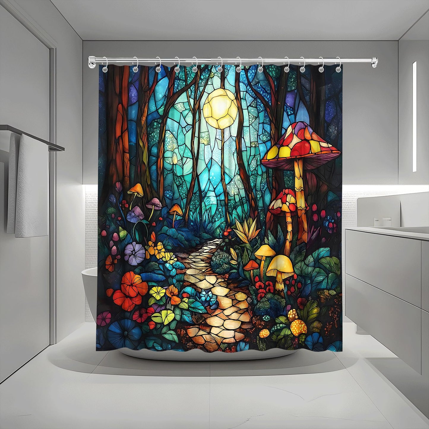 Fantasy Forest Shower Curtain Stained Glass Fairy Garden Mushroom Full Moon Wonderland Wood Tale Tree Magical Spring Floral Bath Curtain Fabric Bathroom Accessories Decor with Hooks (70.00"LX70.00"W)