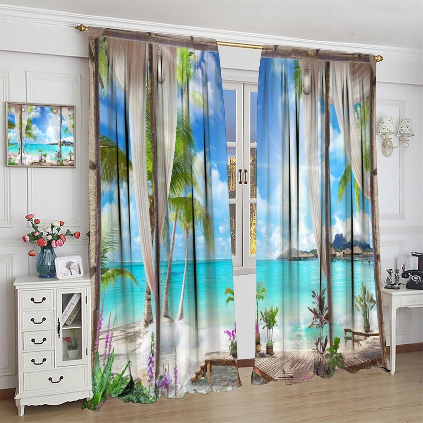 Nitmbi Sunlight Beach Curtains,Tropical Ocean Sea Island Palm Tree Summer Scape Pattern Drapes Window 2 Panel Rod Pocket Curtain for Bedroom Living Room Decor 42" W X 45" L