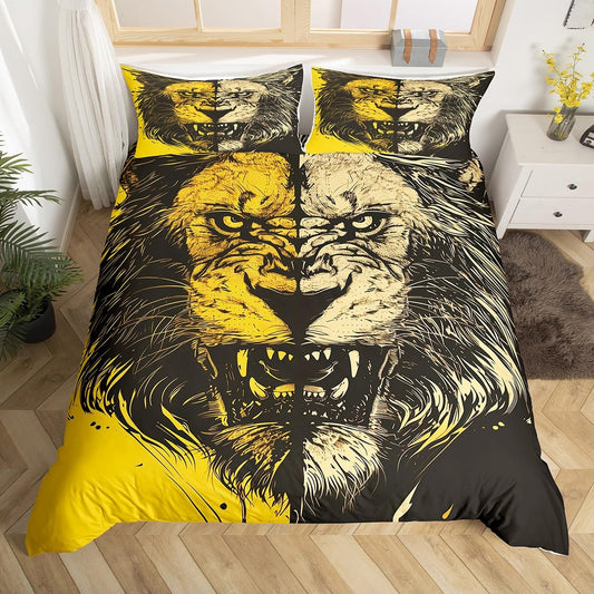 Lion Fitted Sheet Queen Size,Fierce Hand Drawn Animal Bedding Set for Kids Teens Adults Men Room Decor,Graffiti Abstract Art Sheet Set 3Pcs,Wildlife Vintage Beige Yellow Bed Sheet,2 Pillowcases