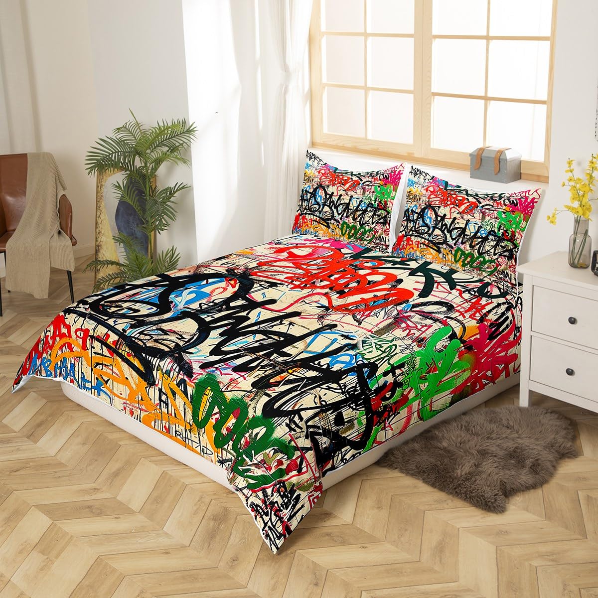 Manfei Graffiti Duvet Cover Set Street Art Hip Hop Bedding Set 3pcs for Kids Boys Girls Modern Fashion Design Comforter Cover Microfiber Bedspread Cover with 2 Pillow Cases(No Comforter) Queen Size