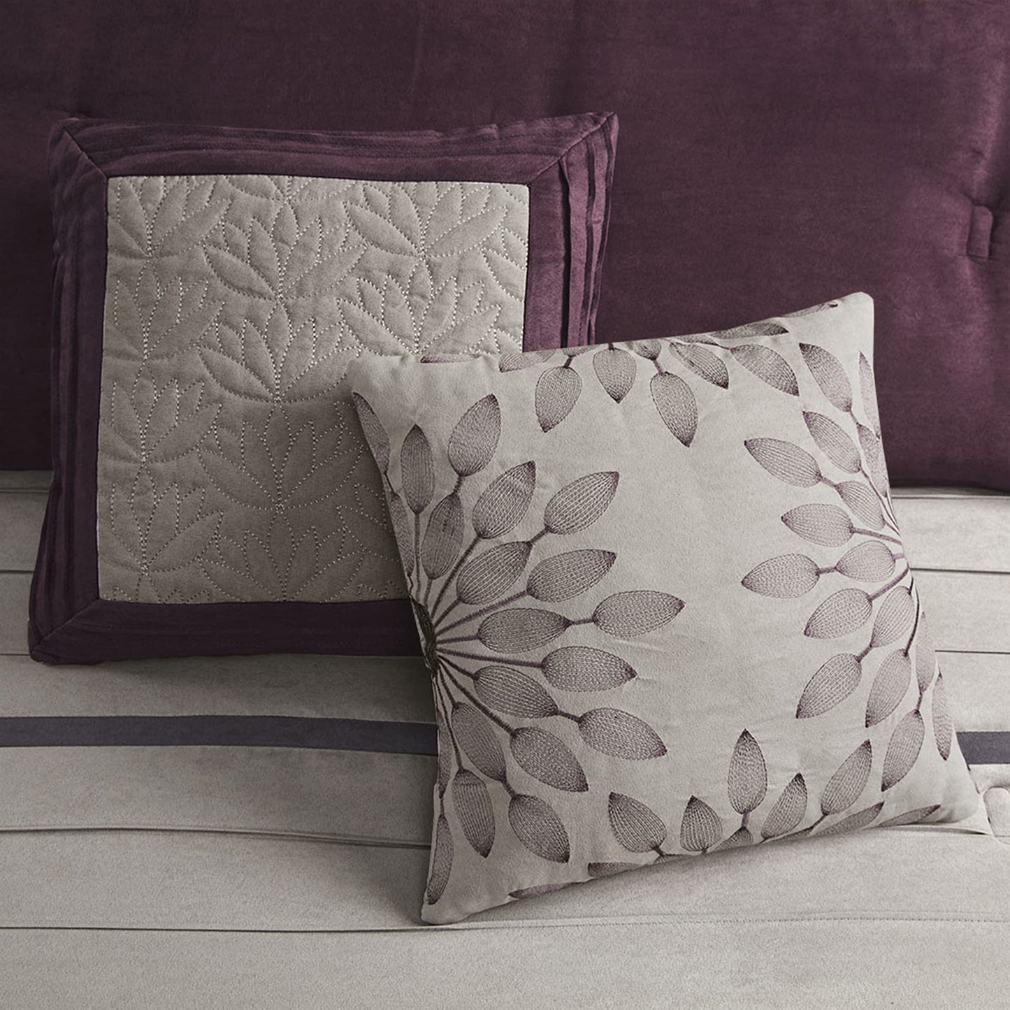 Madison Park Palmer Comforter Set - Faux Suede Design, Striped Accent, All Season Bedding, Shams, Decorative Pillow, Bed Skirt, Queen (90 in x 90 in), Purple 7 Piece