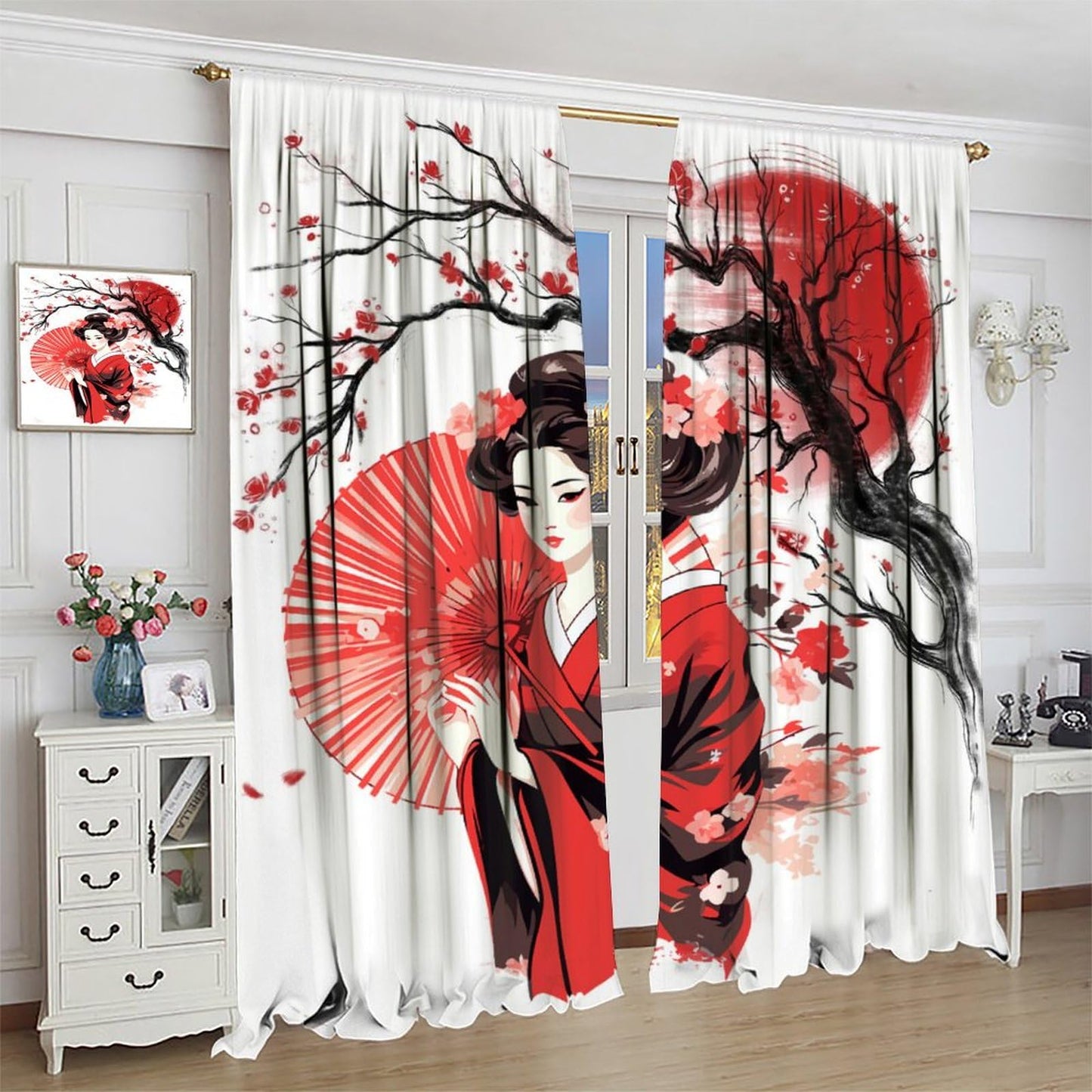 Yearn Jear Red Geisha Curtains Japanese Style with Cherry Blossoms Traditional Kimono Folk Culture Style,Rod Pocket Drapes for Living Room Bedroom Kitchen 42x45 Inch Decor