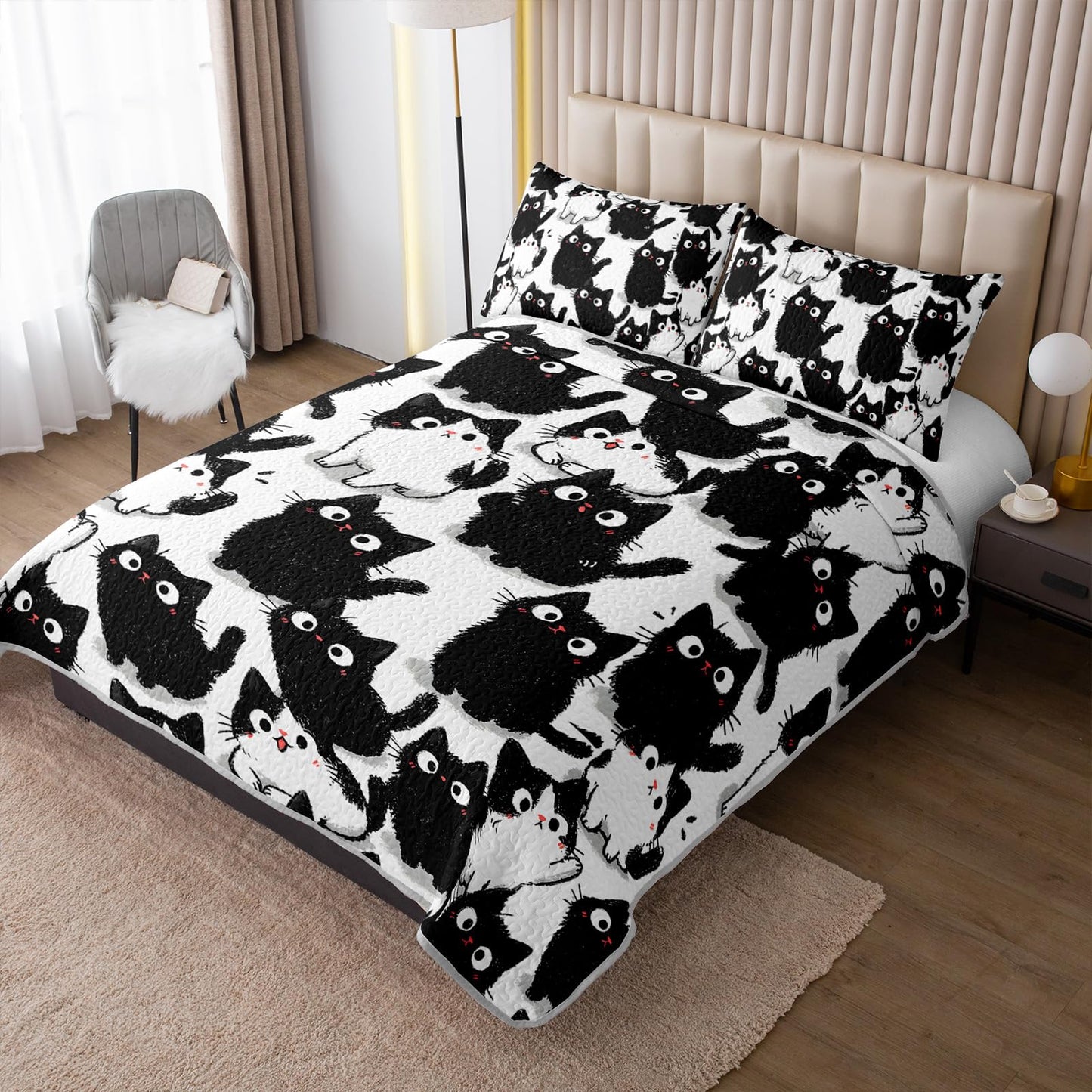 AILONEN Full Quilted Comforter Set 3 Piece, Playful Feline Animal Bedspread Coverlet with 2 Pillowcases, Soft Monochrome Pet Bedding for Teens Guest Apartment Aesthetic Sketchy Style