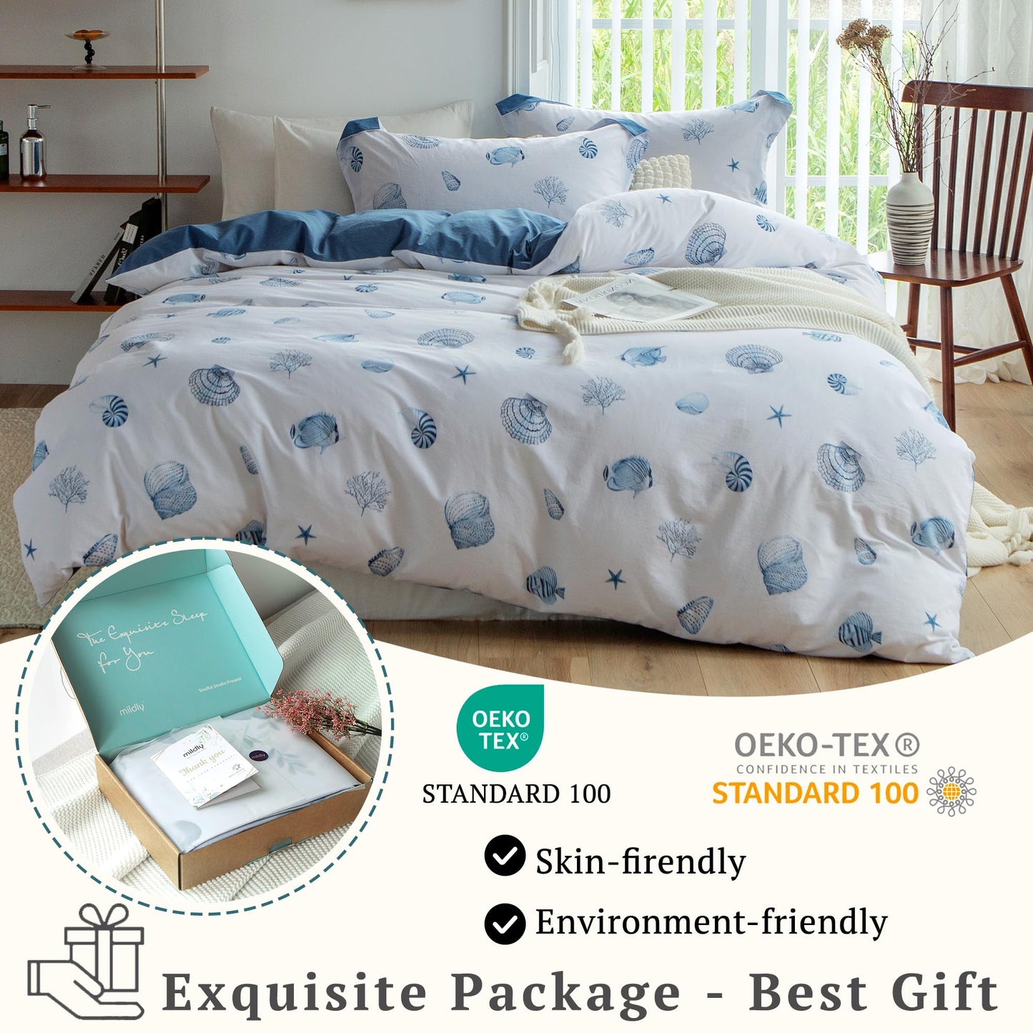 MILDLY Blue Seashell Pattern Duvet Cover Set Nautical Comforter Cover 3pcs