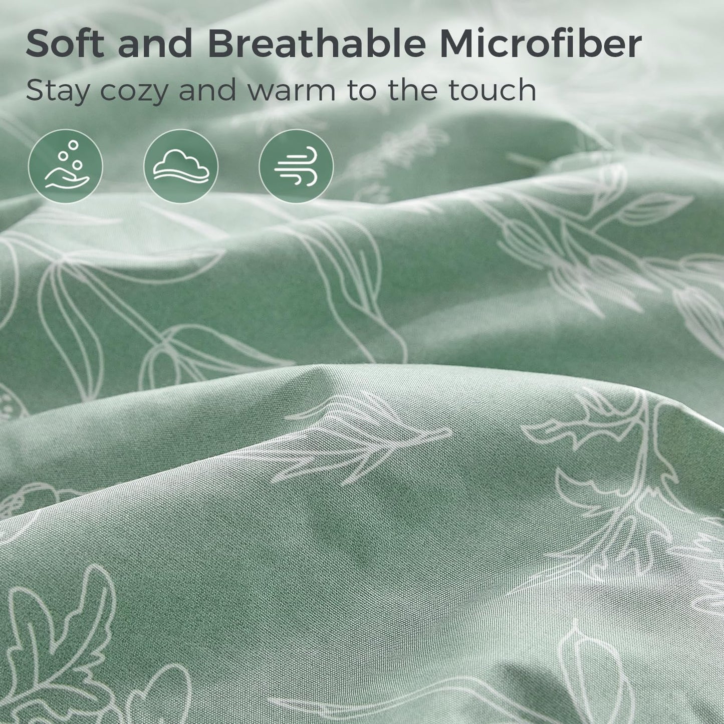 Tokokimo Floral Sheets Set King Size, 16 inches Deep Pocket Fitted Sheet, Flat Sheet & Envelope Closure Pillowcases, Soft Breathable Microfiber Sheet Set 4-Piece, Green and White Leaf Floral