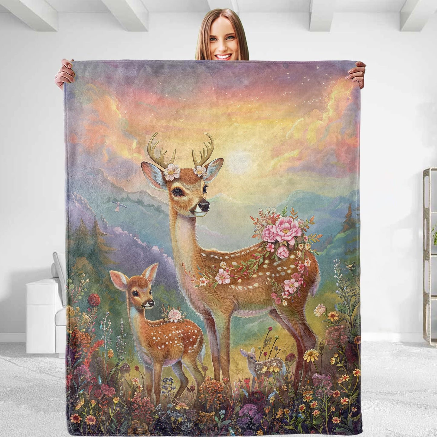 Deer Family Throw Blanket - Soft Plush, Lightweight, Warm, Fuzzy Anti-Pilling Flannel Blanket for Bedroom, Couch, Travel, Sofa - Comfy 50in×60in