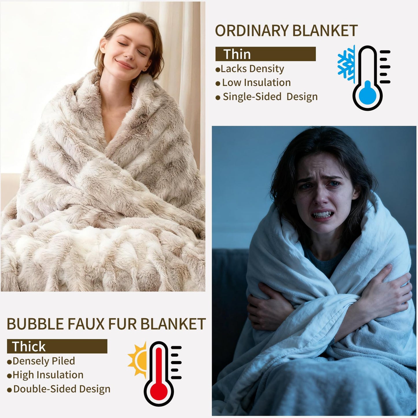 Seuqhck Faux Fur Throw Blanket, Soft and Plush Thick Bubble Blanket for Couch, Sofa, Bedroom and Living Room, 60 x 50 Inches, Tie-Dye Taupe