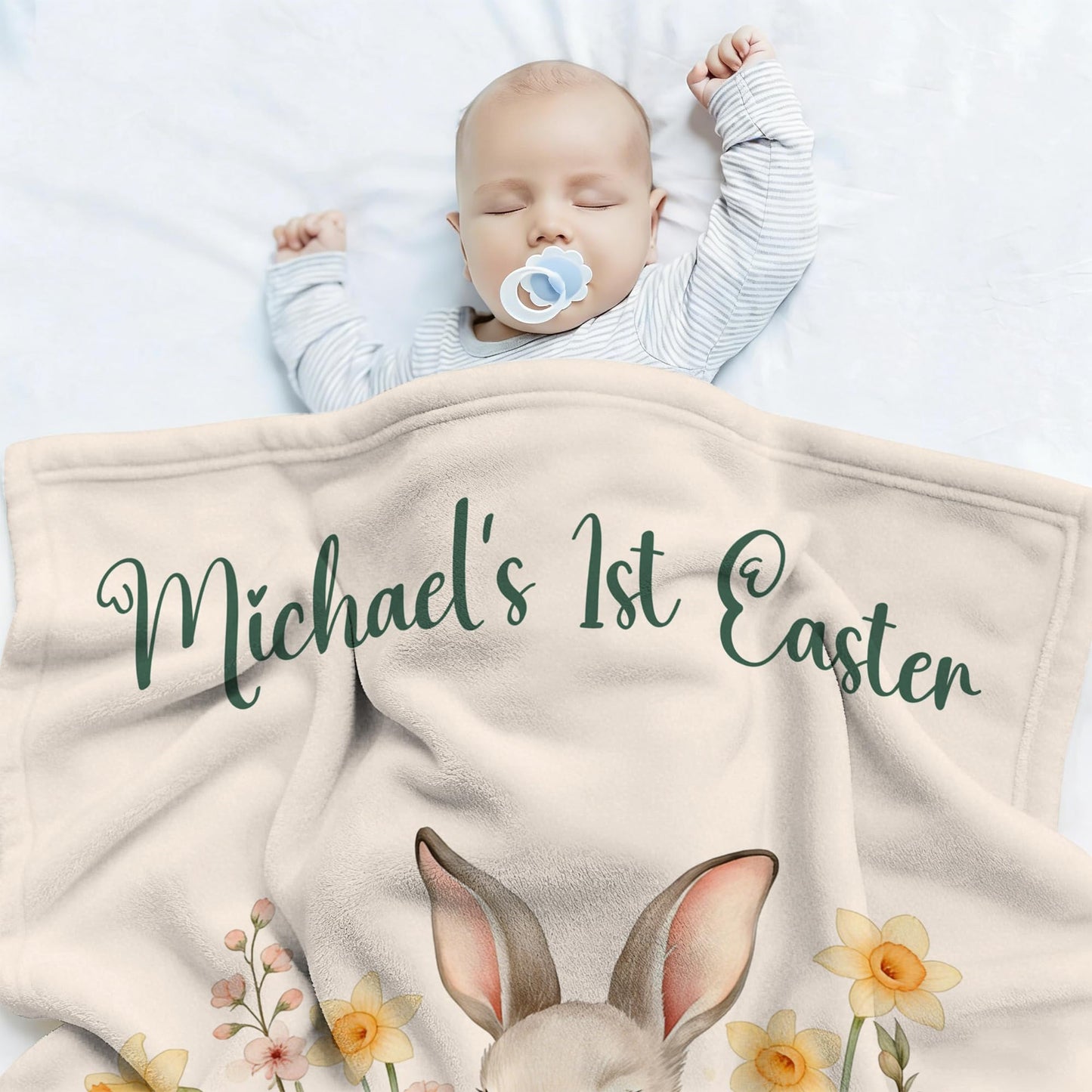 Lcyawer Personalized Blanket with Name, Custom Bunny Blanket for Baby, Baby's 1st Easter Flannel Throw Blankets for Boys Girls, Baby Easter Birthday Gifts for Infant Newborn Shower, Printed in USA