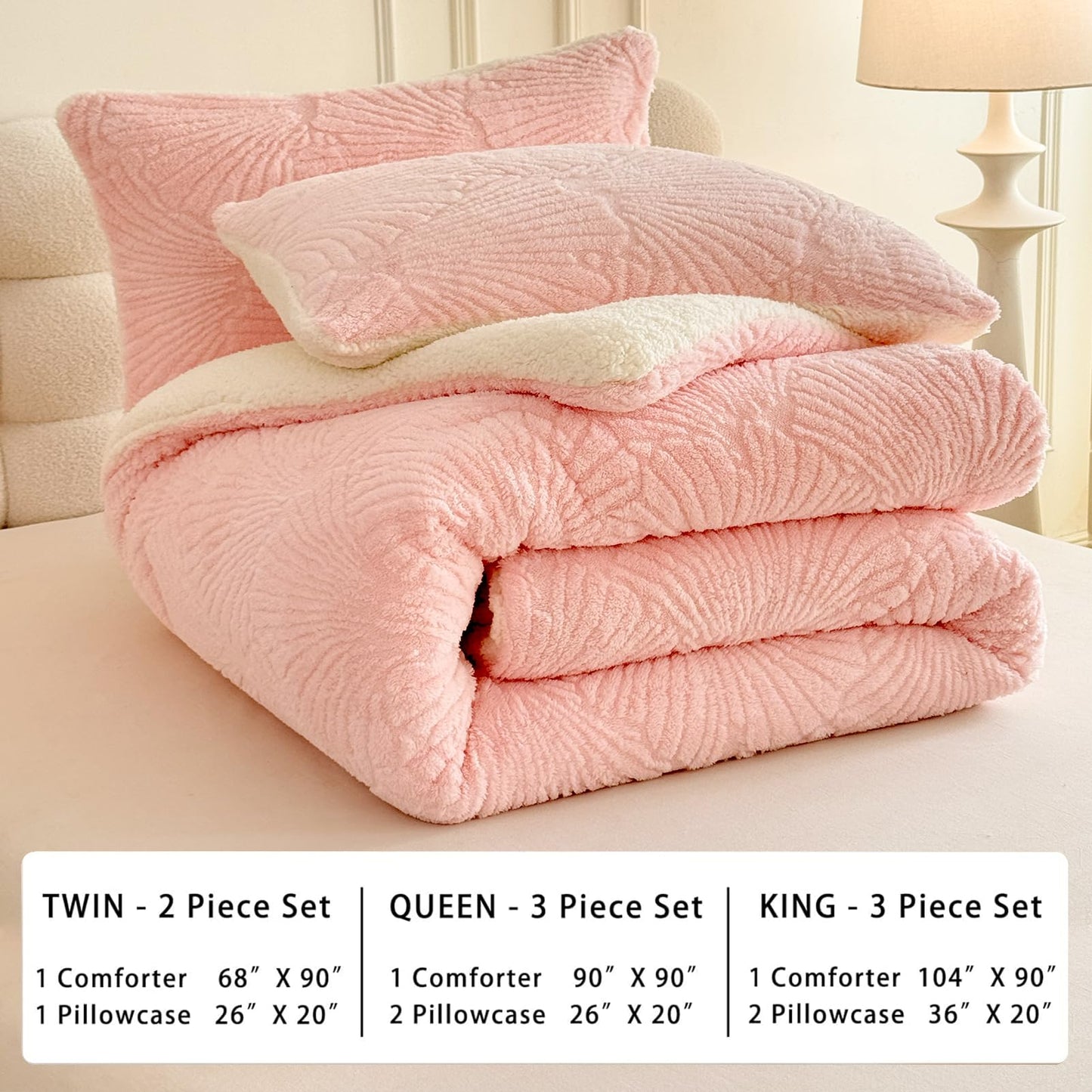 tohrisa Seashell Jacquard Sherpa Comforter Set Warm Cozy Premium Bedding 3 Pieces, King Size Geometric Pattern Quilt Comforter with 2 Pillowcases(104"X90" Light Pink)