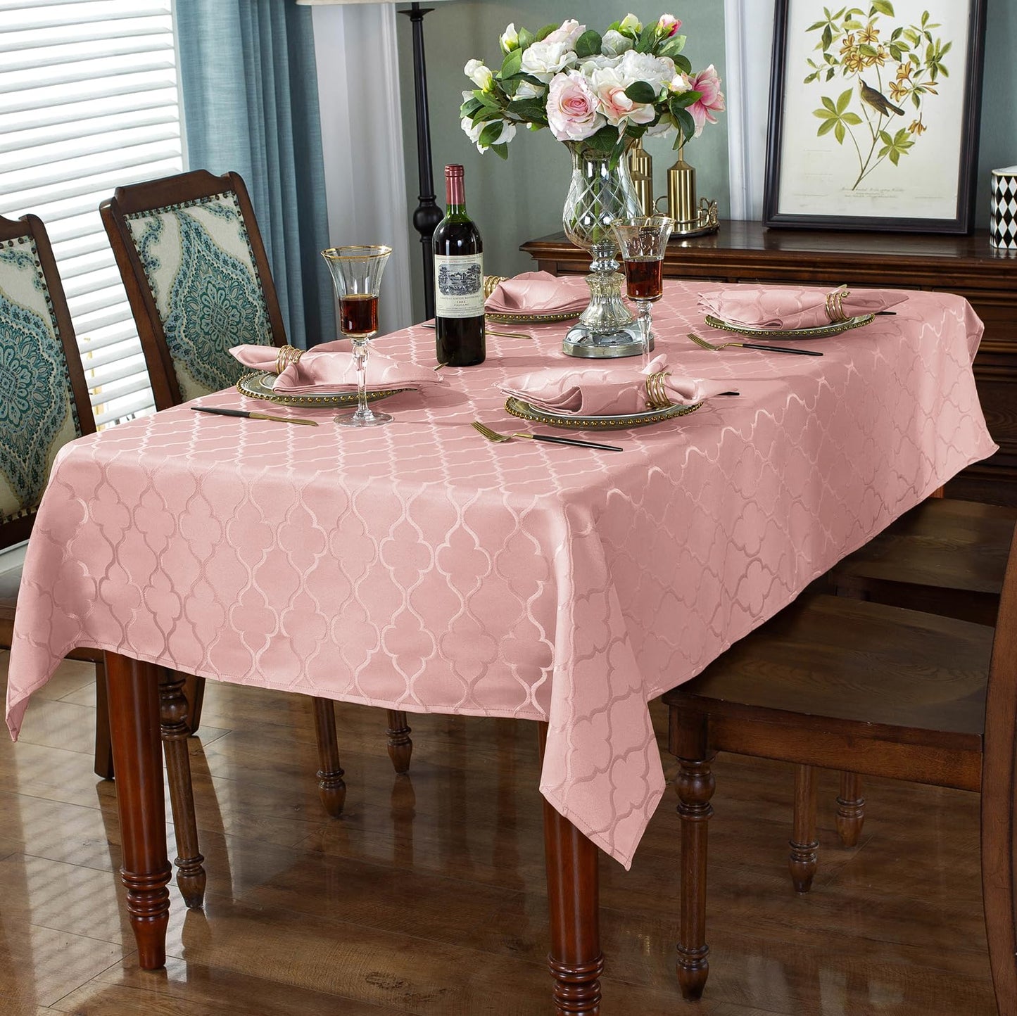 SASTYBALE Tablecloth Rectangle Jacquard Table Cloth Polyester Spill Proof Wrinkle Resistant Table Cover for Kitchen Dining Valentine's Day Decoration (52" x 70" (4-6 Seats), Pink)
