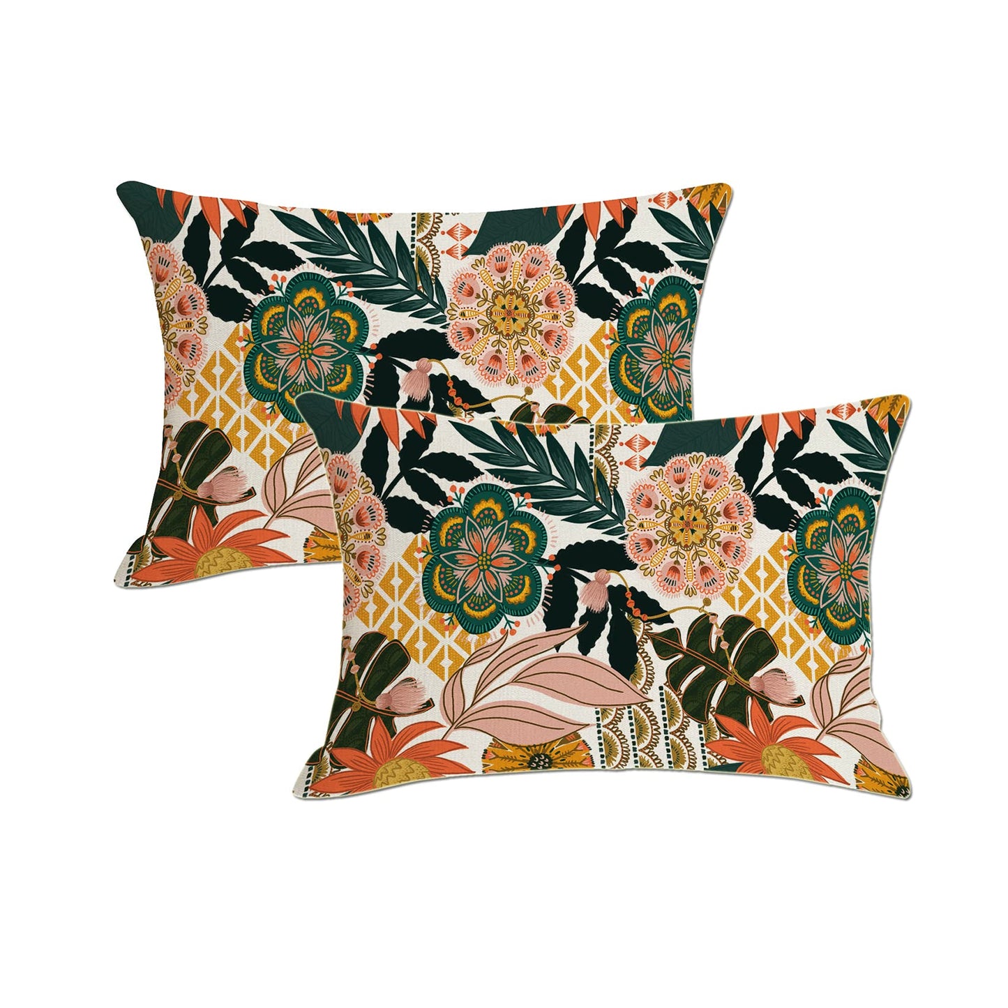 Jartinle Flower Boho Outdoor Lumbar Pillow Covers 12x20 Waterproof Set of 2 Bohemian Blooming Floral Tropical Leaves Pattern Patio Throw Pillow Covers for Porch Balcony Garden