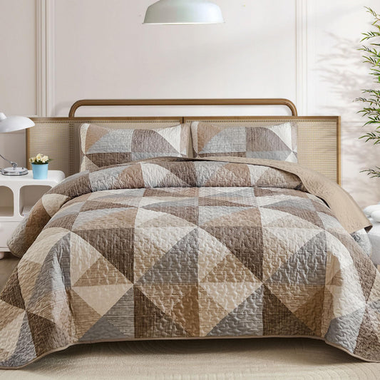 Dintszyayue Dark Brown Quilt Queen Size, 3 Pieces Tan Patchwork Bedspread Bedding, Soft Lightweight Microfiber Geometric Coverlet Set for All Spring Quilt with 2 Pillowcases90 x96
