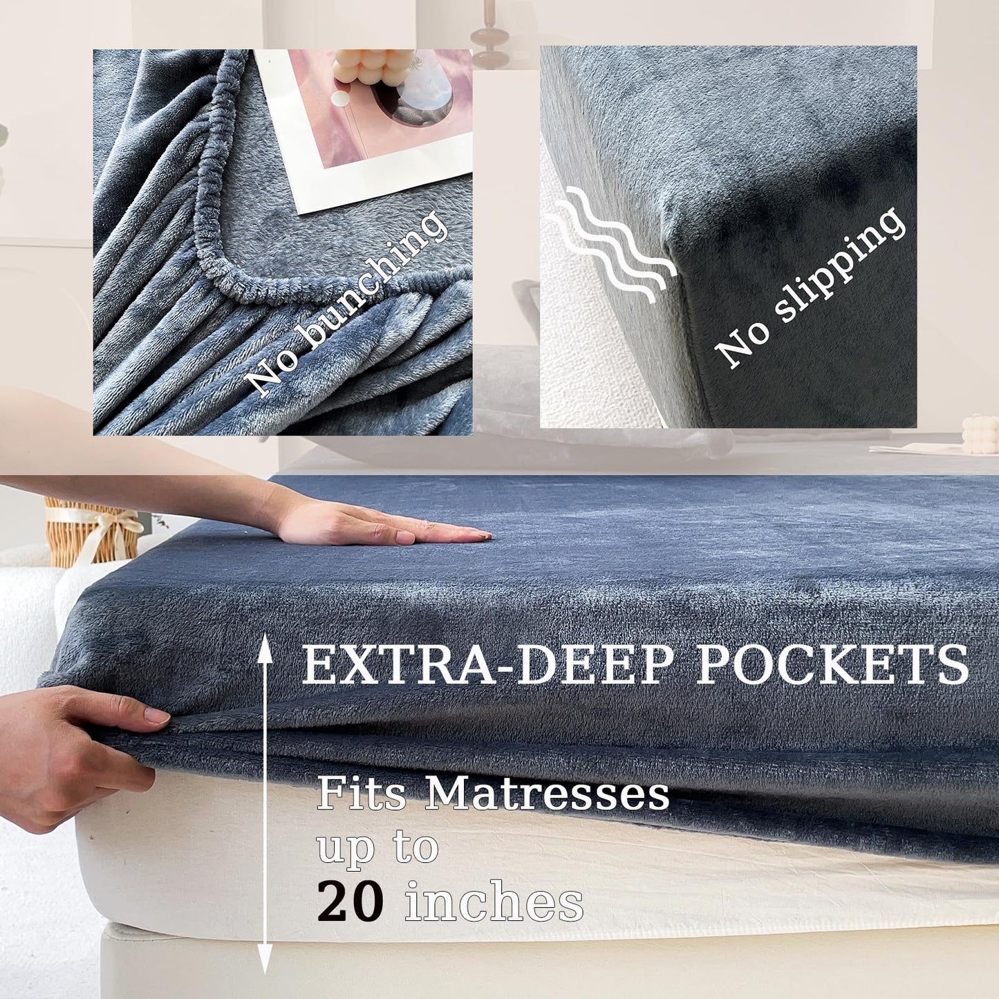 MorroMorn Luxury Plush Fleece Fitted Sheet Sets with 20" Deep Pocket for Thick Mattresses 360° Snug Fit Non-Slip, Ultra Soft 3-Piece Bedding Set Cozy Warm for Cold Sleepers (Dark Grey, Twin)