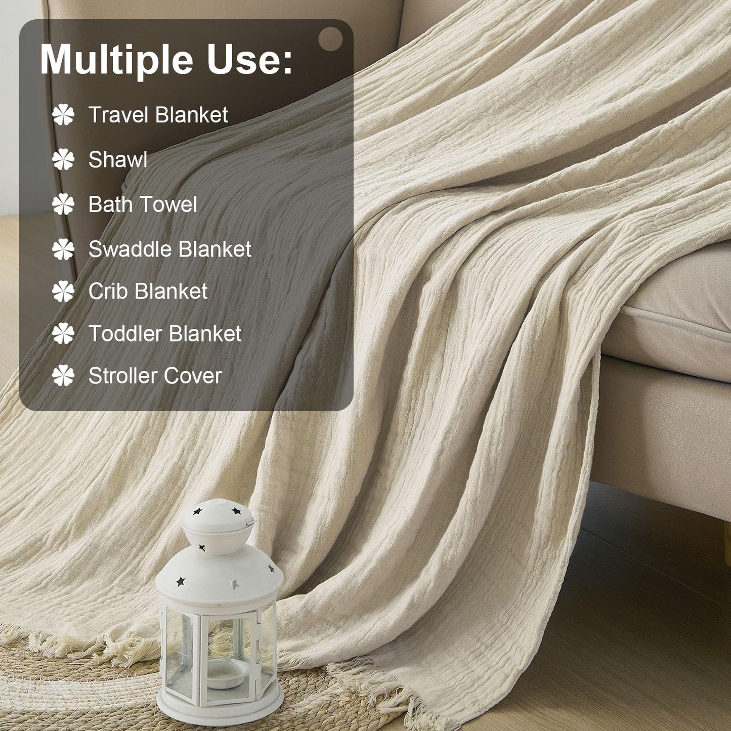 Yoenillo Cotton Muslin Throw Blanket with Tassels, Lightweight Woven Gauze, Pre-Washed Breathable Farmhouse Decor for Bed, Couch, All-Season Use (Beige, 50" x 60")