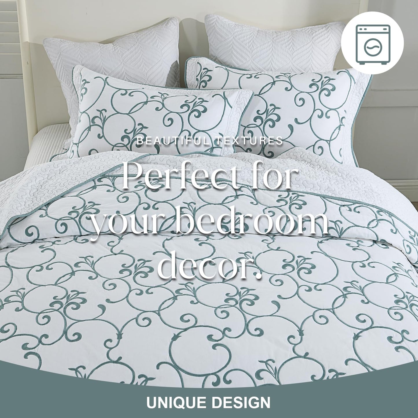 FineStichery Oversized King Bedspread 128"x120" - 100% Cotton California King Quilt, Embroidered Bedspread Coverlet with Pillow Shams, Lightweight Quilted Bedding Set 3 Piece, Aqua Blue/White