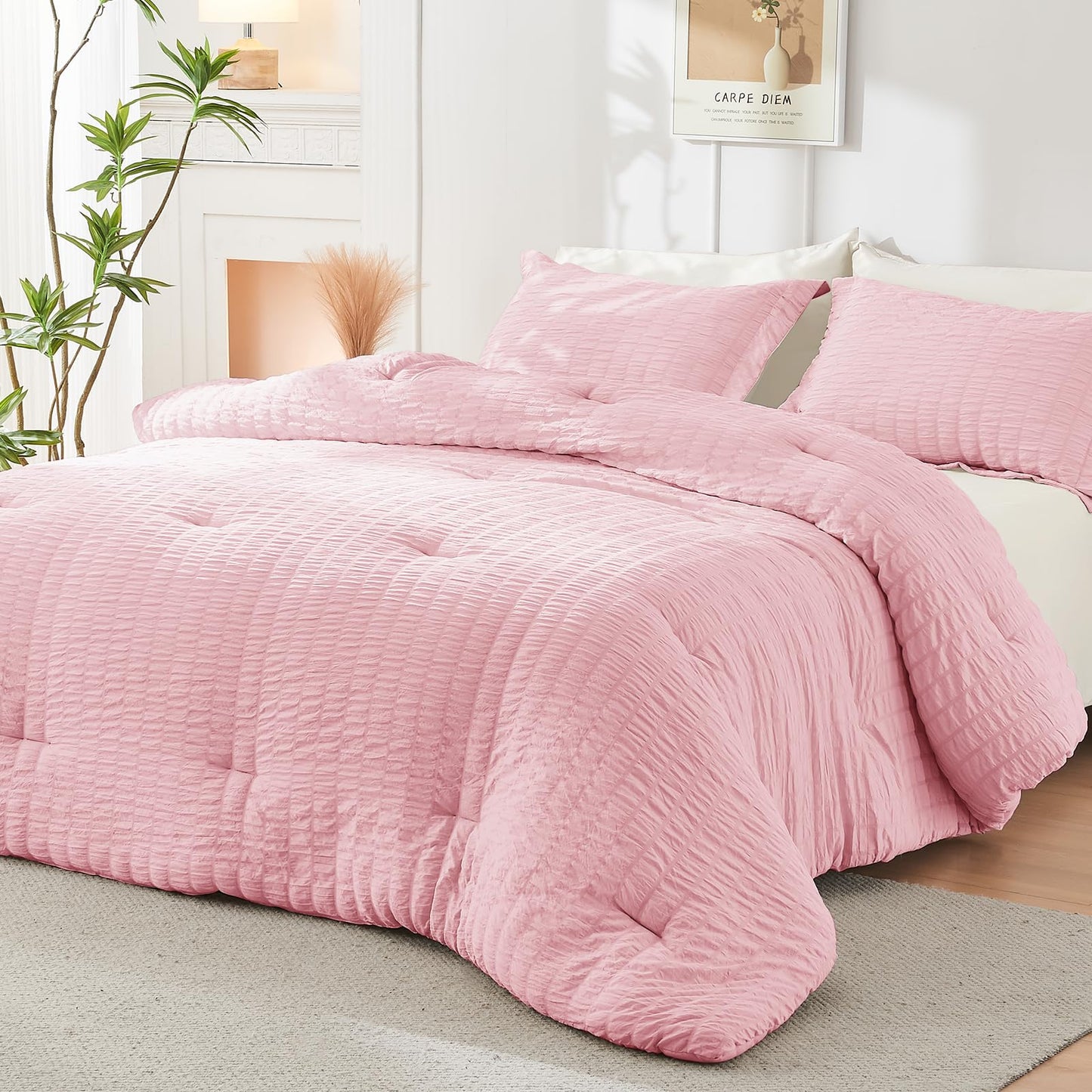 HYMOKEGE Pink/Ivory Twin Comforter Set Seersucker 5 Pieces, All Season Luxury Bed in a Bag for Bedroom, Bedding Set with Comforter, Sheets, Pillowcase & Sham