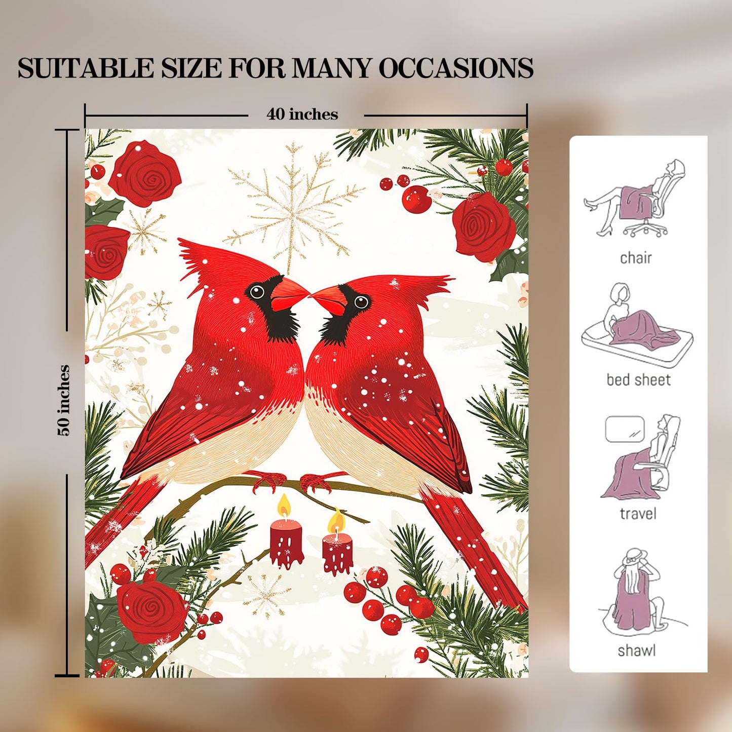 Cardinal Blanket Cardinal Fleece Throw Blanket Super Soft Fuzzy Plush Cozy Warm Cardinals Decor Stuffed Bedding Blankets Gift for Boys Girls Men Women Kids & Adult 50"x40"