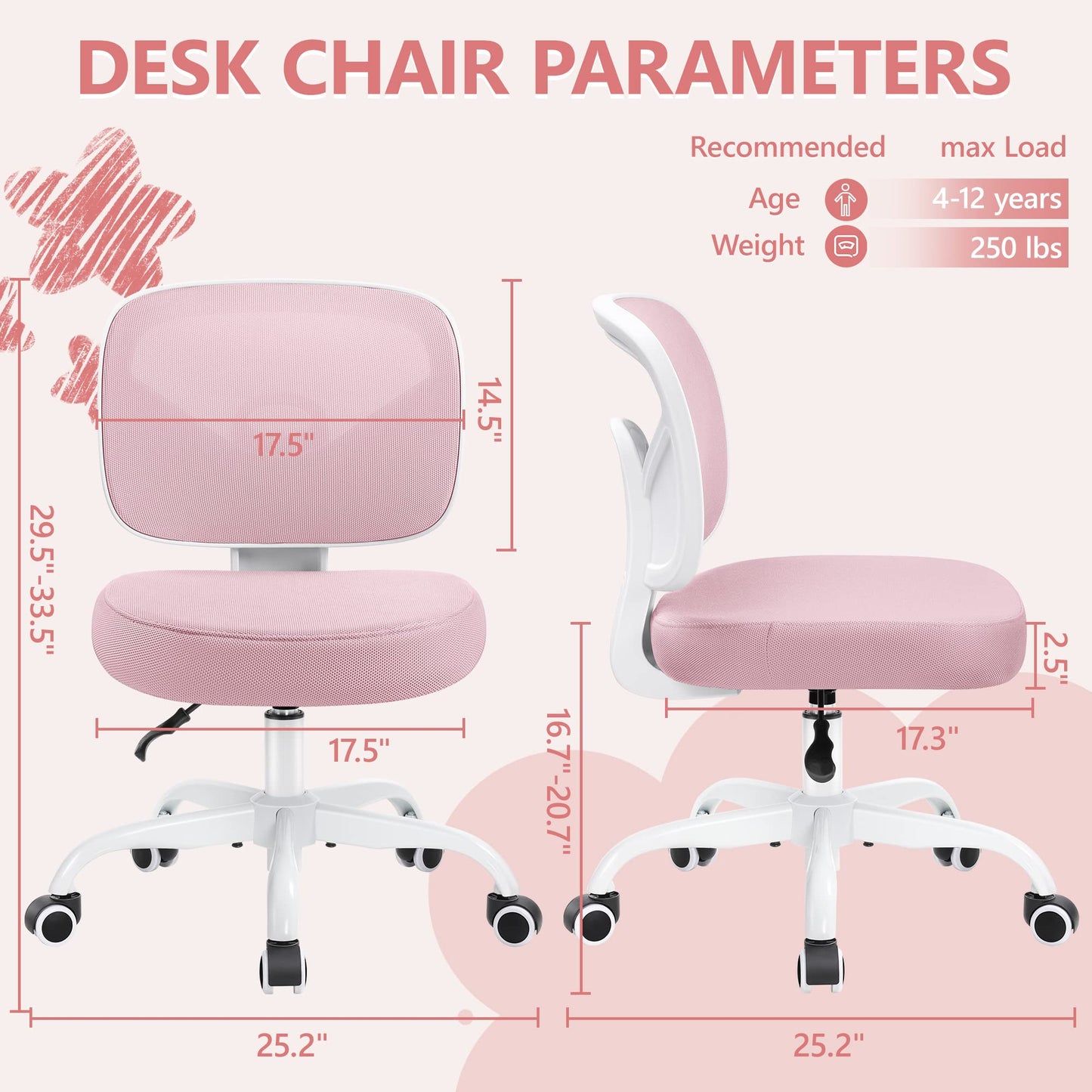 Primy Kids Desk Chair, Pink Study Chair for Boys Girls with Height Adjustable, Swivel Mesh Task Student Chairs for 4-12, Growing Teen Office Chair for Home/School/Office (Pink)