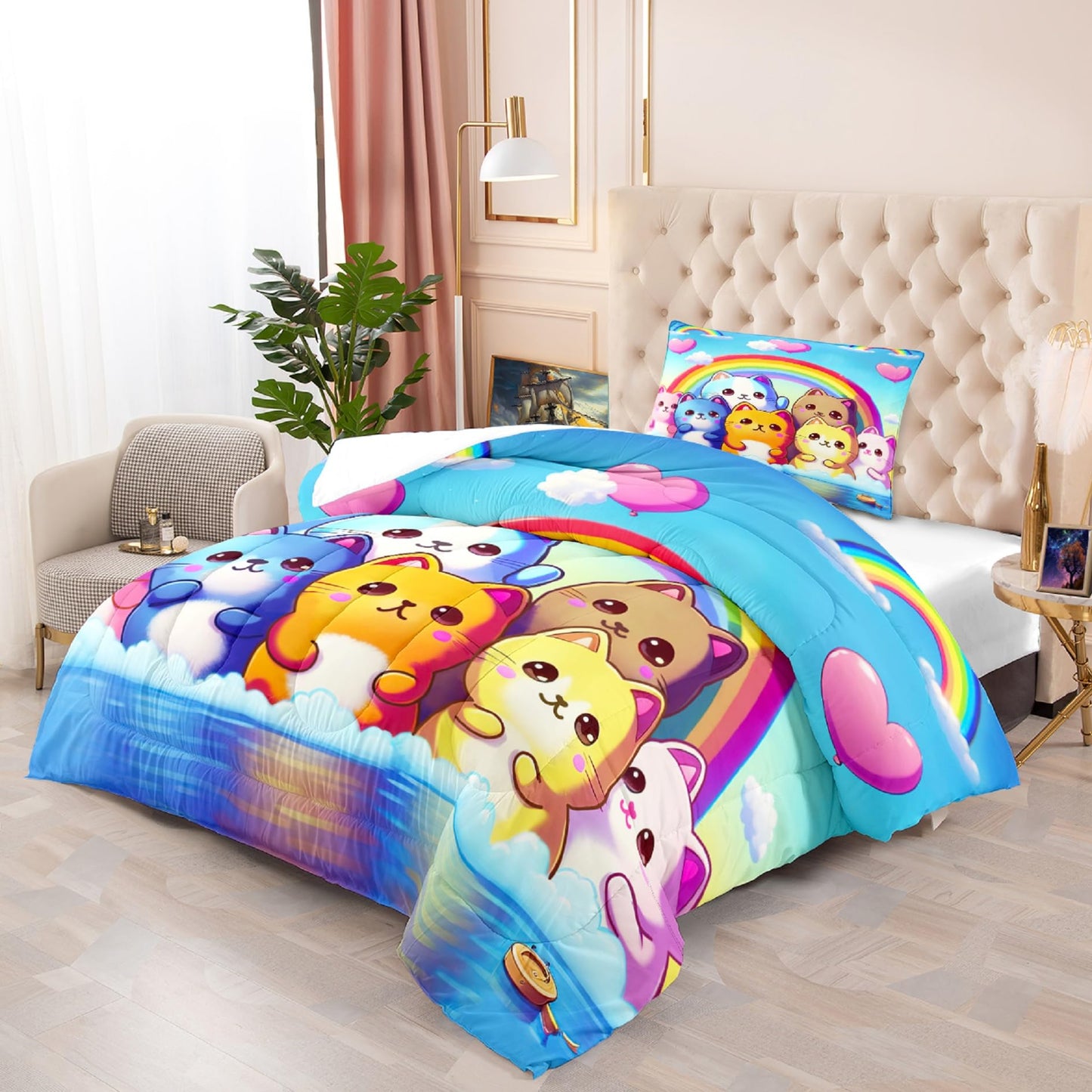 Jiospet Rainbow Cat Comforter Twin Size - Cute Cartoon Bedding for Girls Room, Twin Comforter Set with 1 Comforter + 1 Pillowcase