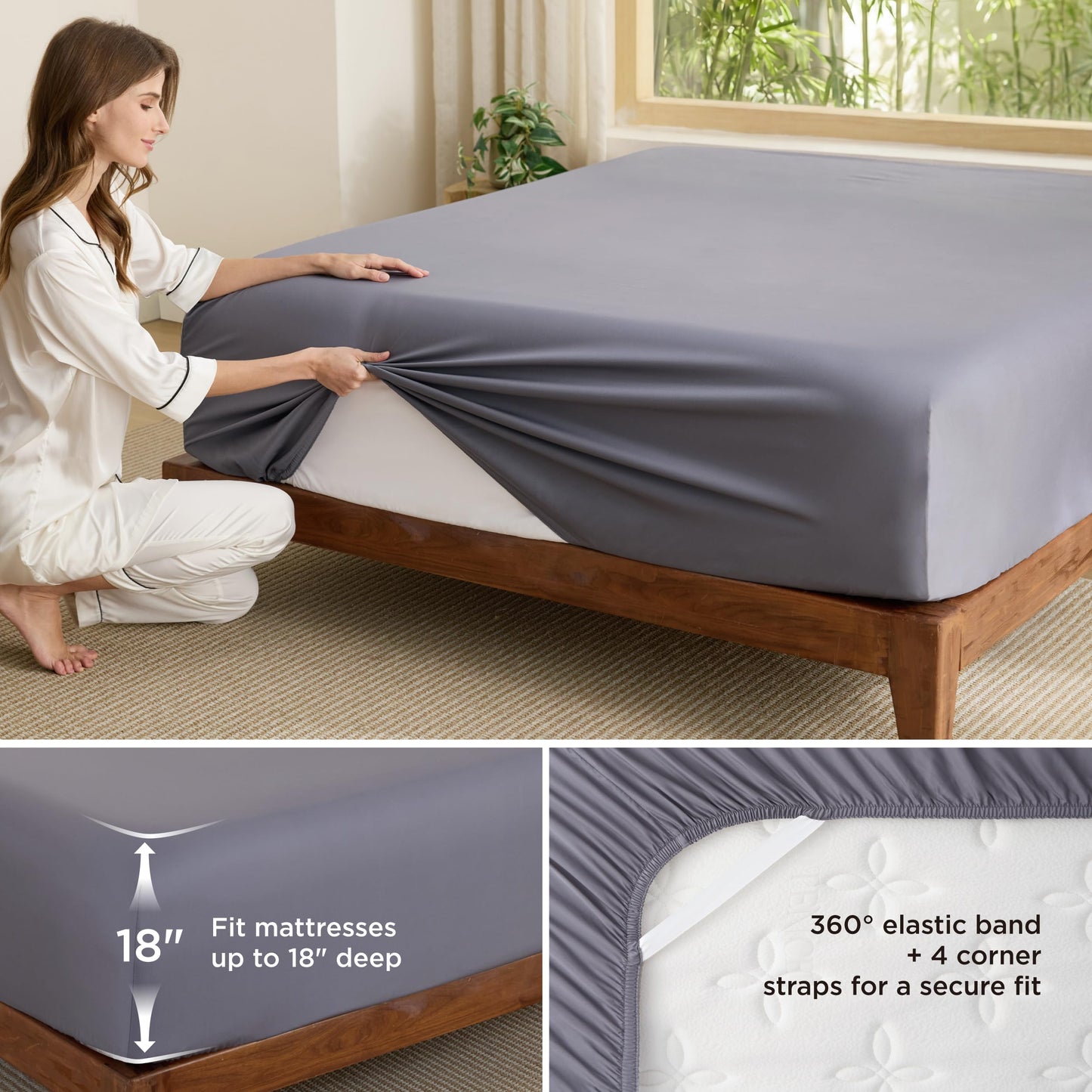 Bedsure Full Size Fitted Sheet Only, 100% Rayon Derived from Bamboo, Breathable Soft, PureWoven Cooling Bottom Sheet for Hot Sleepers, Deep Pocket Up to 18", with 4 Elastic Corner Straps, Grey