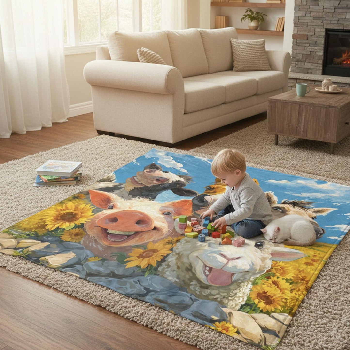 kampdream Funny Animal and Sunflower Flannel Blanket Throw, Super Soft Cozy Nap Blanket with Cute Cartoon Animal for Sofa Travel and Camping, for All Seasons 50"x60" inch Cow Sheep Horse