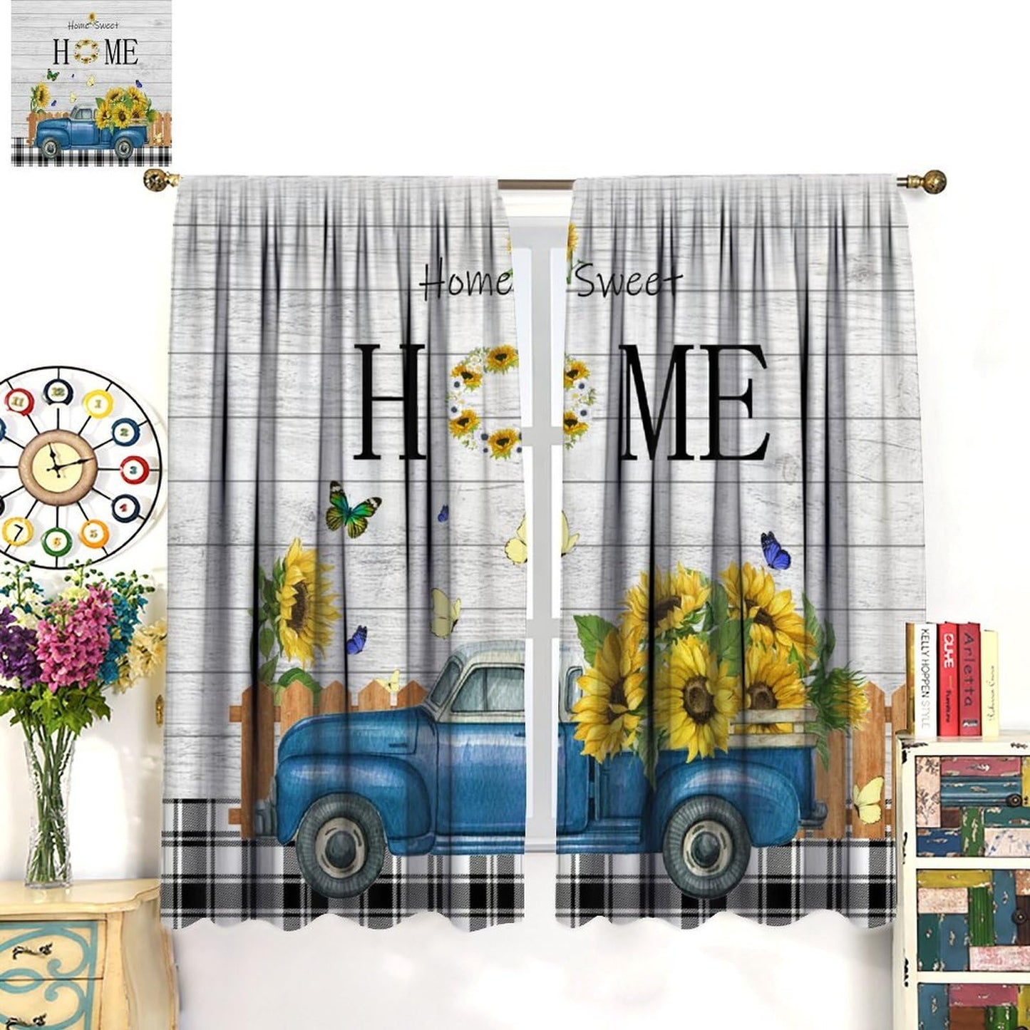 Nanacur Country Farmhouse Truck Curtains, Retro Rustic Truck Sunflower Butterfly Wooden Print Window Drapes, for Bedroom Living Room 42" W X 45" L (Decorative)
