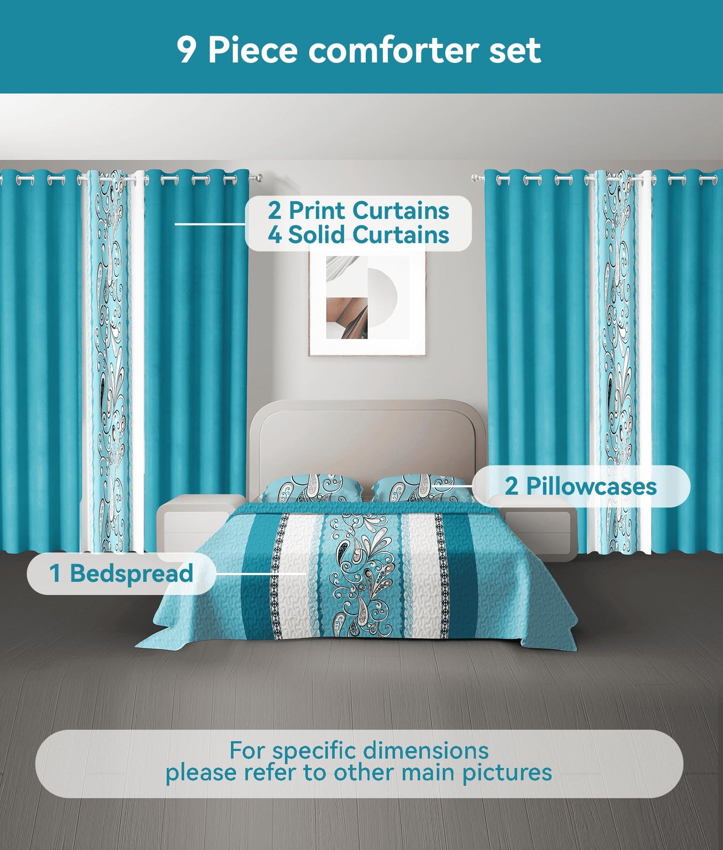 CozyCreatures Vintage Boho Mint Blue King Light Comforter Set, 9-Piece Bed in a Bag with Curtains, Brushed Microfiber Bedspread Set with Matching Curtains for Master Bedroom, Machine Washable