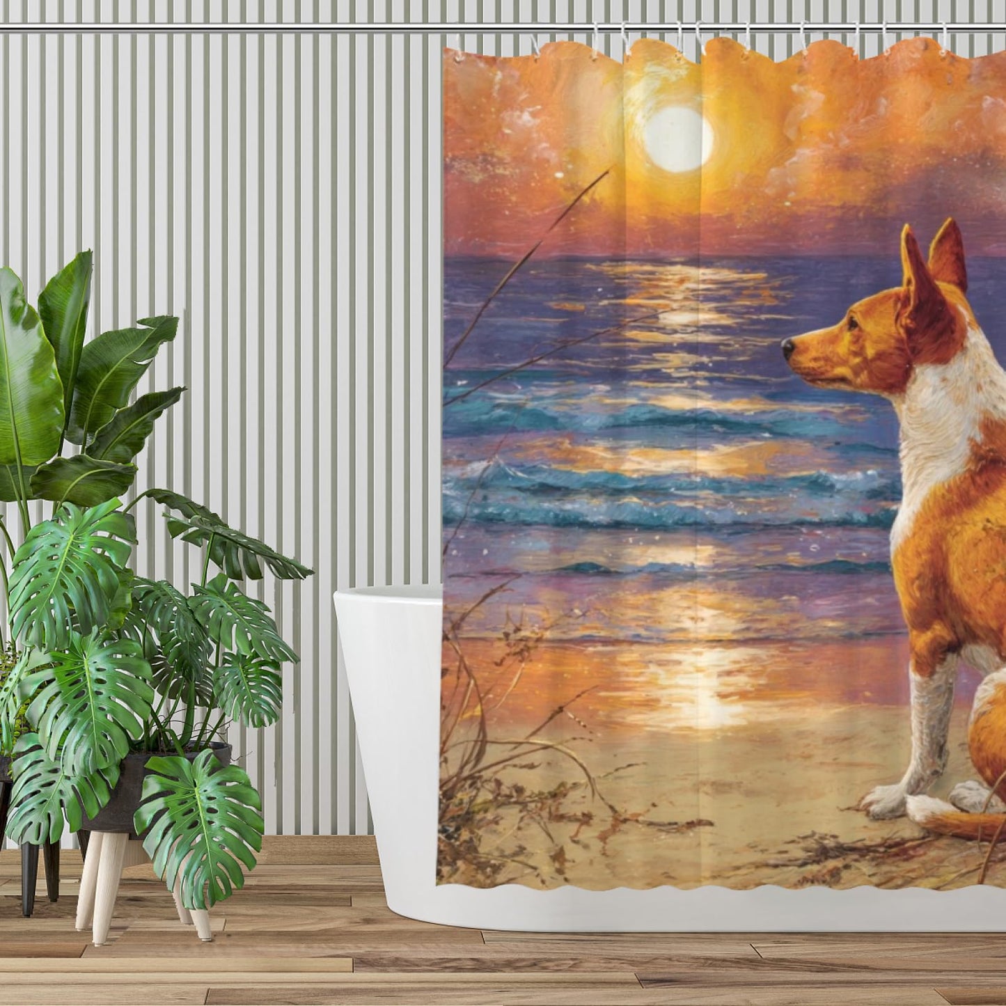Wordatu Basenji Shower Curtain on Sunset Sunrise Beach Seascape Art Shower Curtain Set, Nautical Ocean Bath Accessories Coastal Seaside Bathroom Decor 72x72 Inches