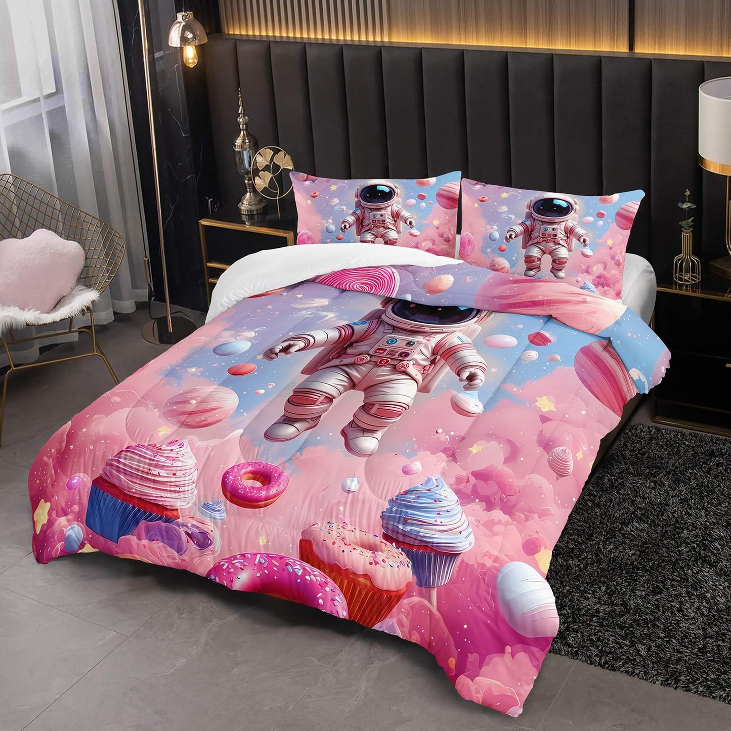 lneffble Space Astronaut Comforter Full Size,Space Astronaut Kids Comforter Set,3Pcs Bedding Set Printed Comforter with 2 Pillowcases,Down Alternative,Soft and Lightweight,for All Seasons