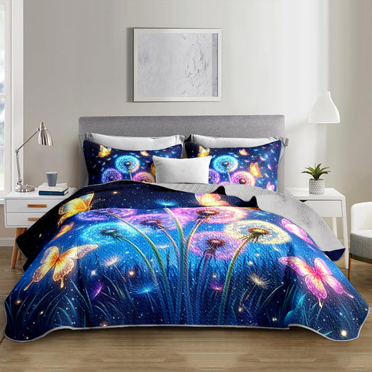 UEVBF Colored Dandelion Quilts Set King Size,3Pcs Fantasy Butterfly Bedspread for Kids Adults Girls Boys Room Decor,Plant Aesthetics Bedding Sets with 2 Pillowcases.