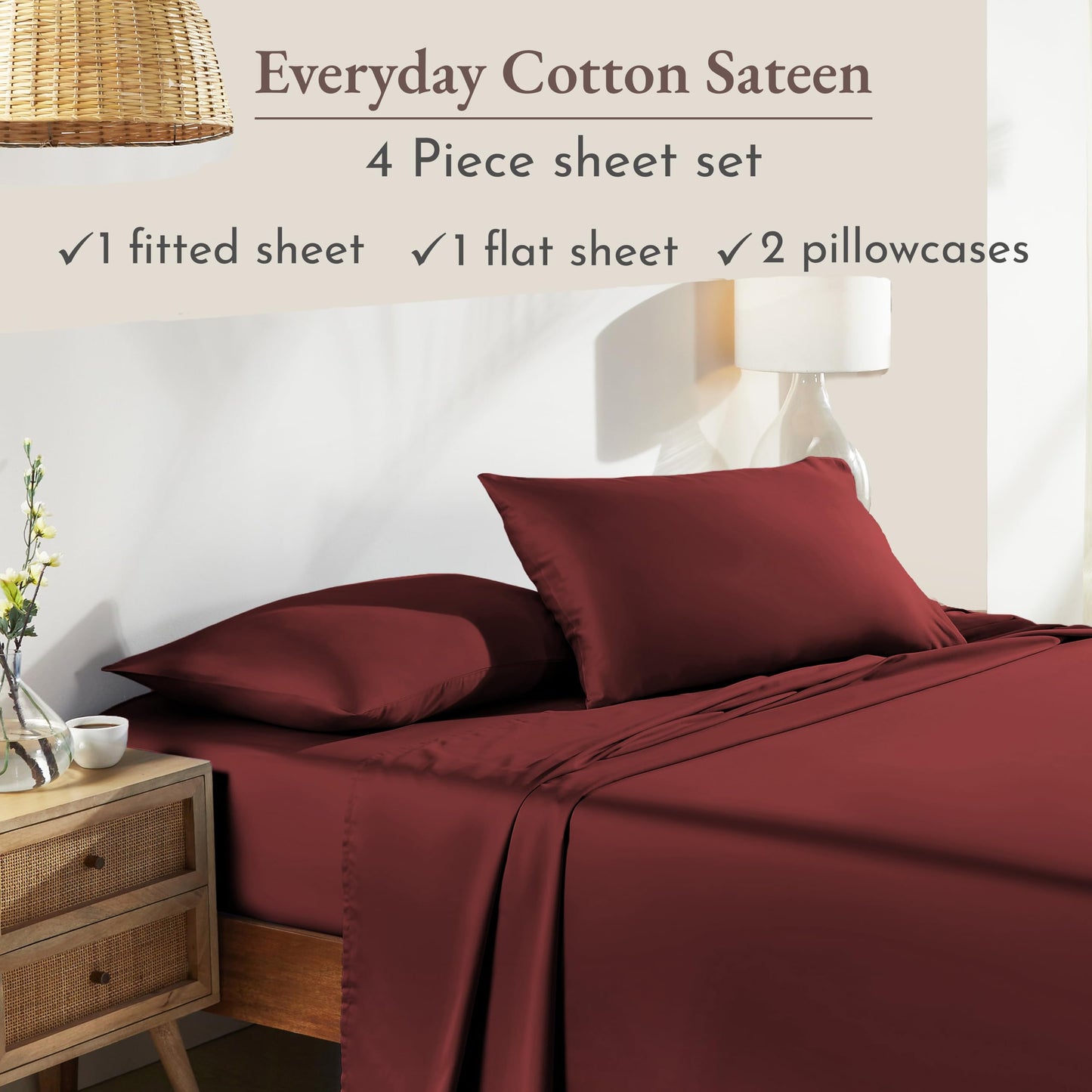 California Design Den Deep Pocket Queen Sheets Set - Natural 100% Cotton Sheets Queen Size Bed Set, Soft Sateen Weave, Breathable and Durable Bedding (Brick Red)