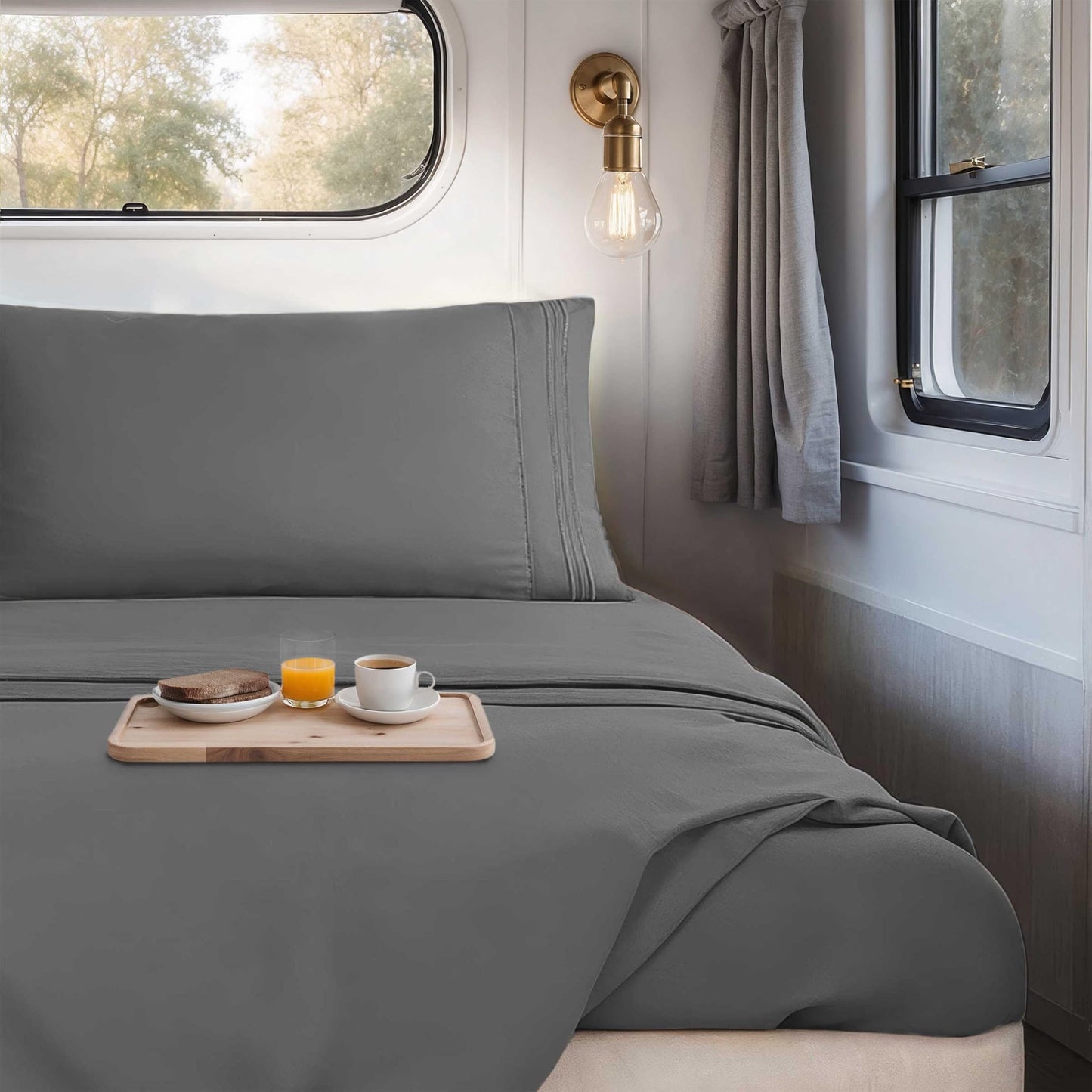 Hearth & Harbor Short Queen Sheets for RV, Dark Grey RV Queen Sheets, Silky Soft 1800 Microfiber Bed Sheet for Camper, 4 Piece RV Bedding with Pillowcases