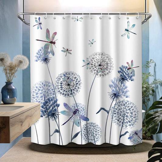 Tonmue Navy Blue Dandelion Shower Curtain Spring Dark Blue Dragonfly Grey White Watercolor Shower Curtains for Bathroom Decor, Waterproof Cloth Fabric with Hooks 70" Wx72 L