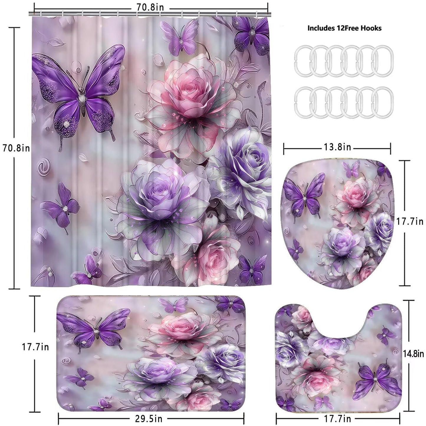 DDQQ 4Pcs Purple Glitter Floral Shower Curtain Set Bathroom Sets Butterfly Diamond Shower Curtain with 12 Hooks Bathroom Decor with Rugs Bath Accessories with Mats Toilet Lid Cover